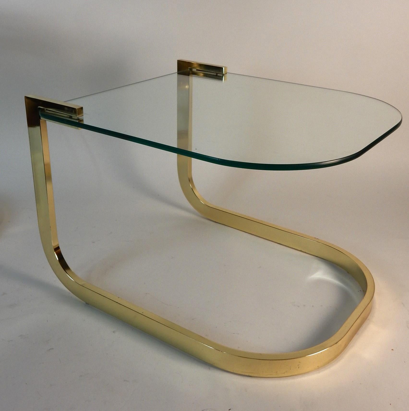 Late 20th Century Sculptural Brass Nesting Table Set with Cantilever Glass Tops For Sale