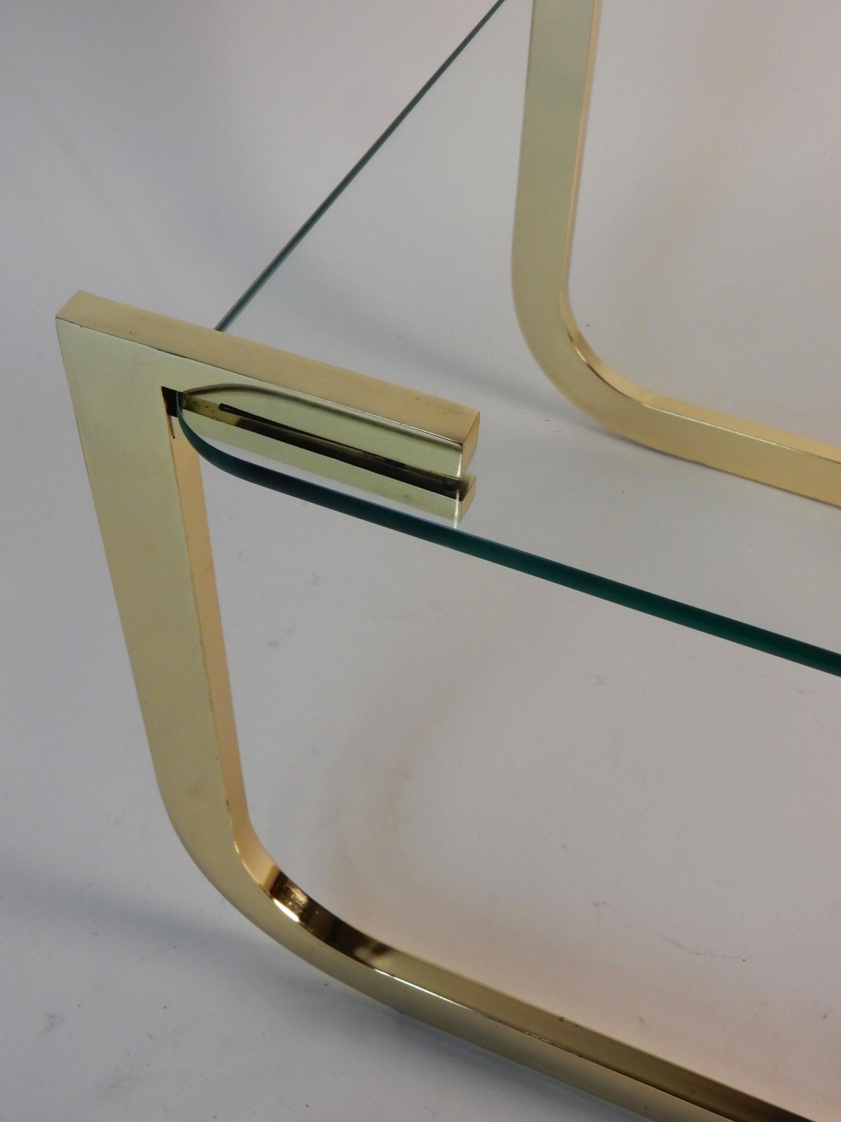 Steel Sculptural Brass Nesting Table Set with Cantilever Glass Tops For Sale