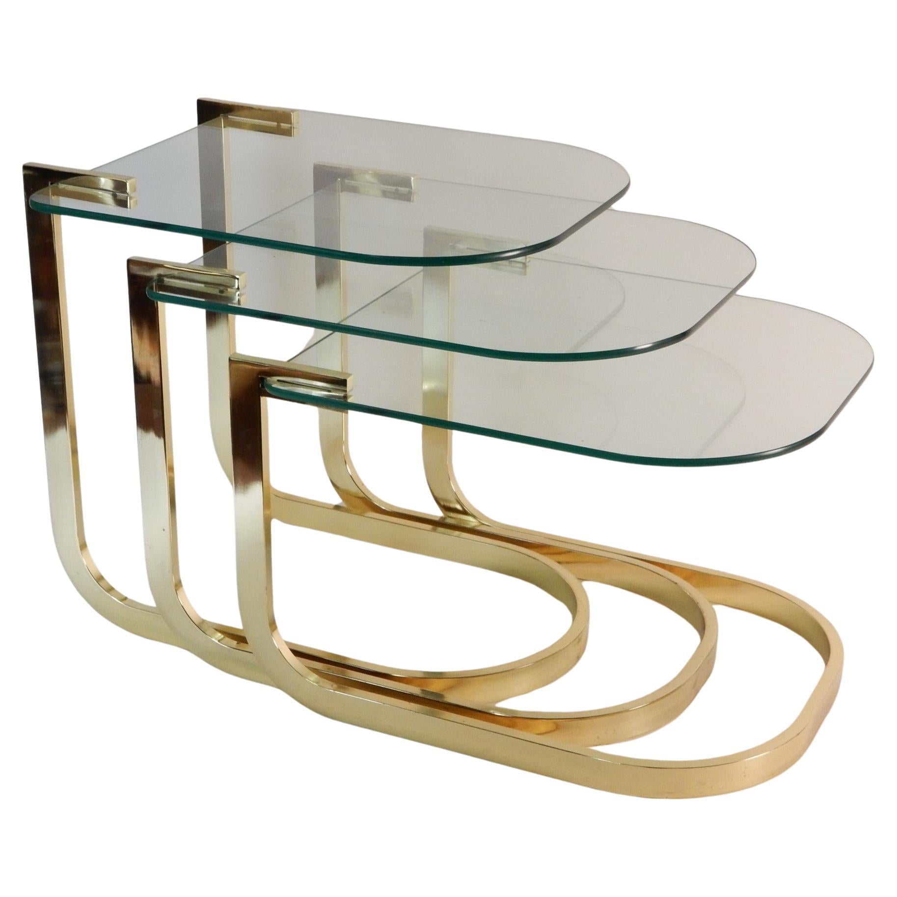 Sculptural Brass Nesting Table Set with Cantilever Glass Tops