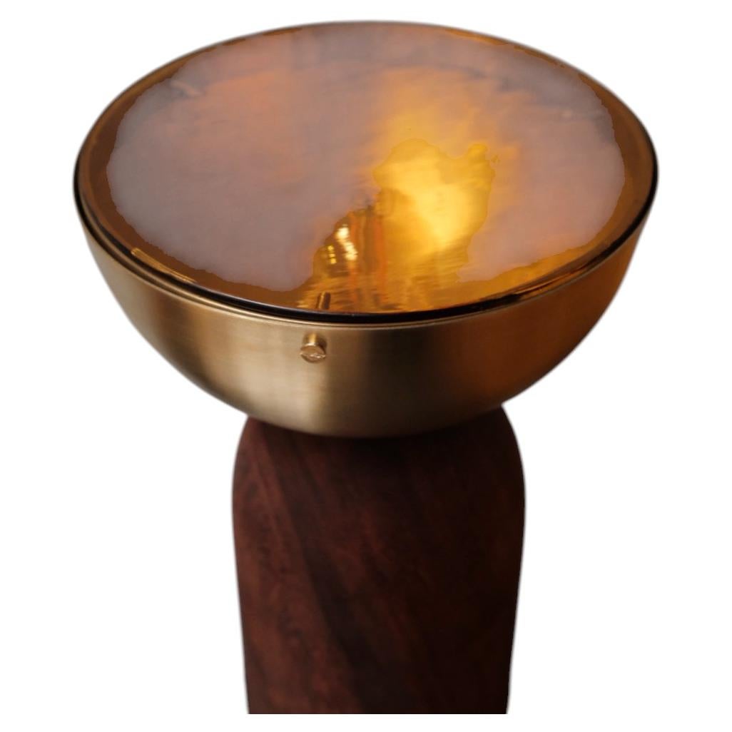 Sculptural Brass & Solid Parota Table Lamp "Lámpara Faro Alto"