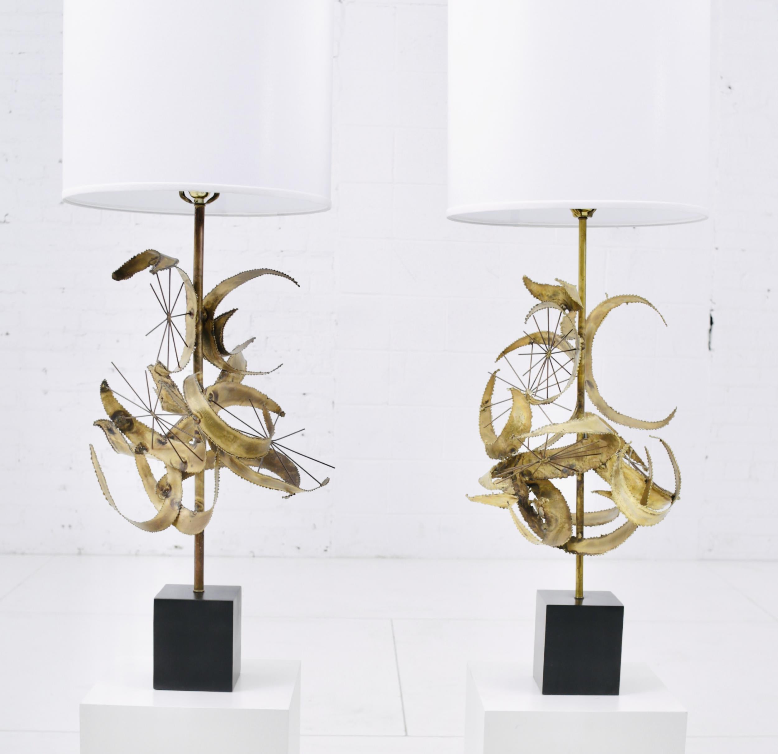 Brutalist torch cut brass sculpture lamps by Laurel Lighting, circa 1960s. As these were handmade, no two are exactly the same. They have slightly different tones to the patina, as naturally occurs to brass with age.