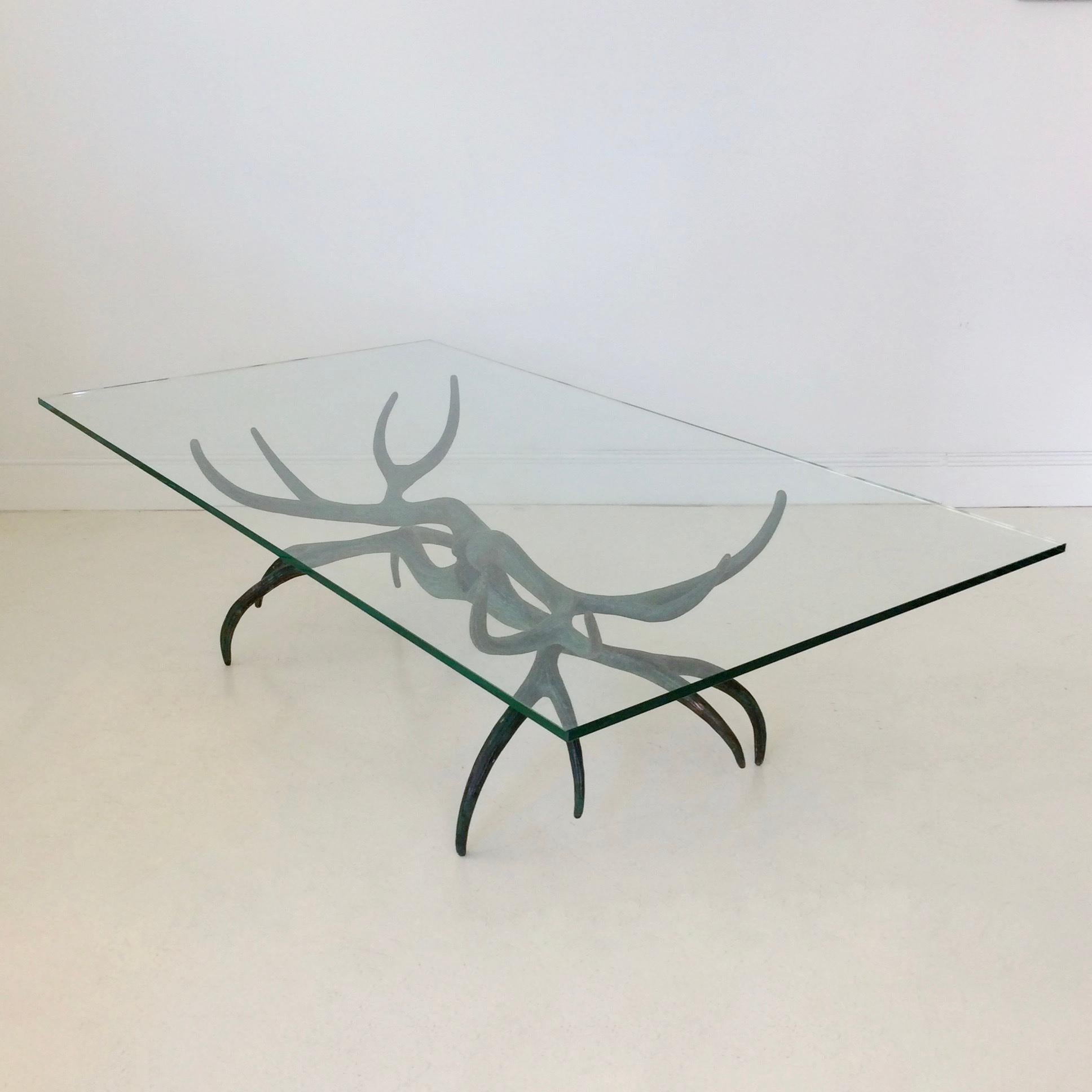 Glass Sculptural Patinated Bronze Coffee Table, circa 1970, France
