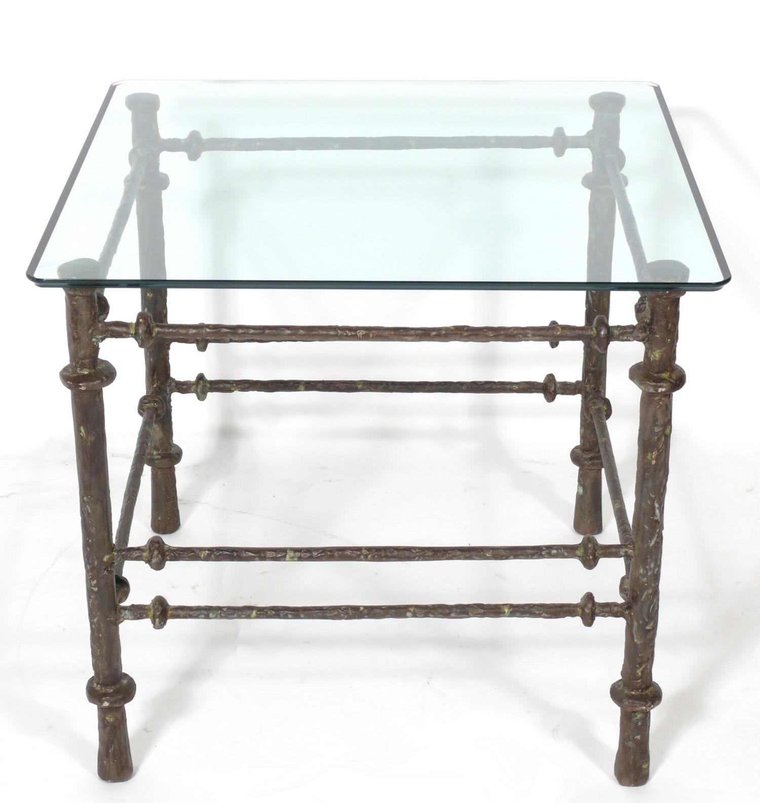 Sculptural bronze finish table in the manner of Diego Giacometti, circa 1970s. Nicely patinated bronze painted finish. While this is not an authorized casting by Giacometti, it doesn't come with the $100,000 price tag of an original authorized