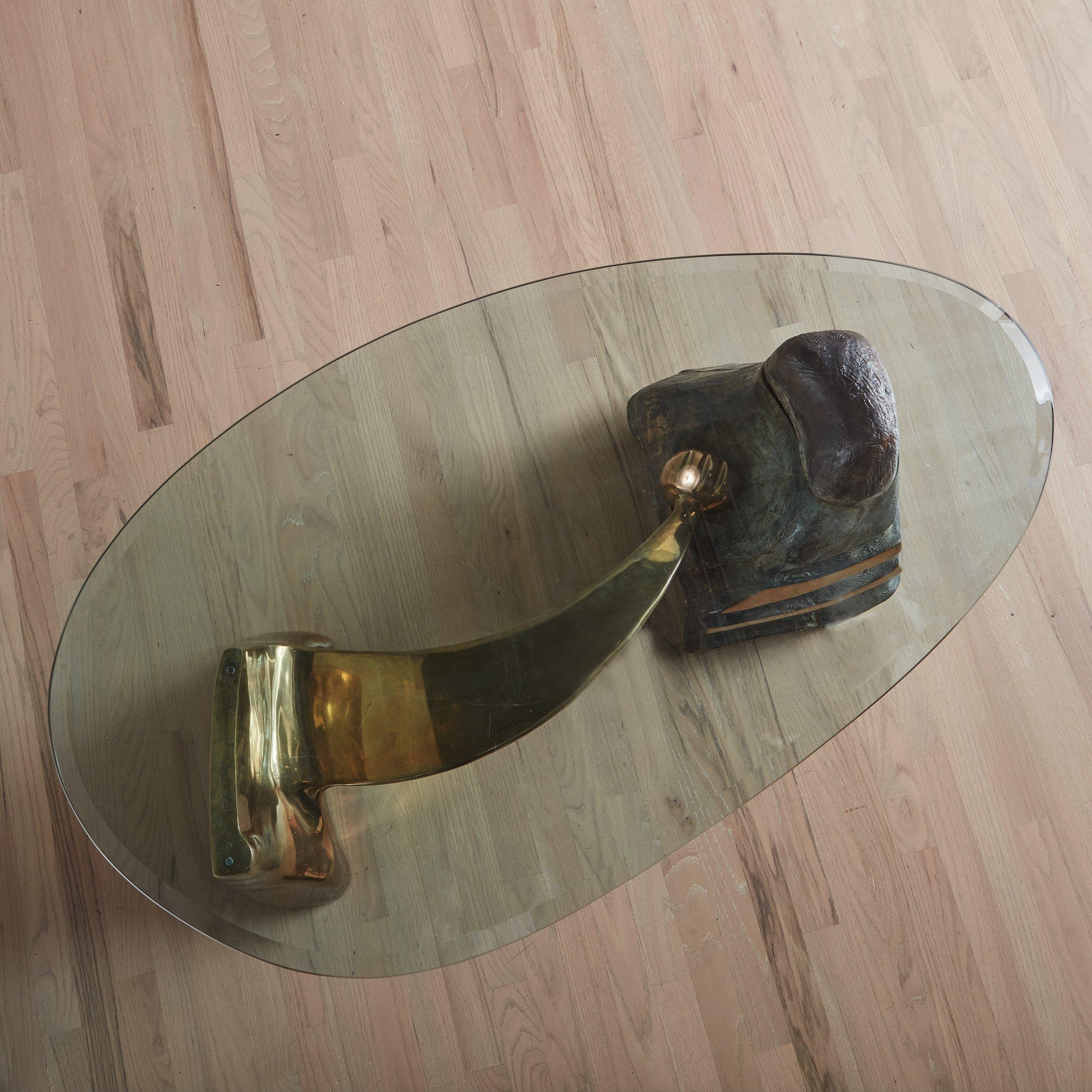 American Sculptural Bronze + Glass Coffee Table by Wayne Trapp, 1987 For Sale