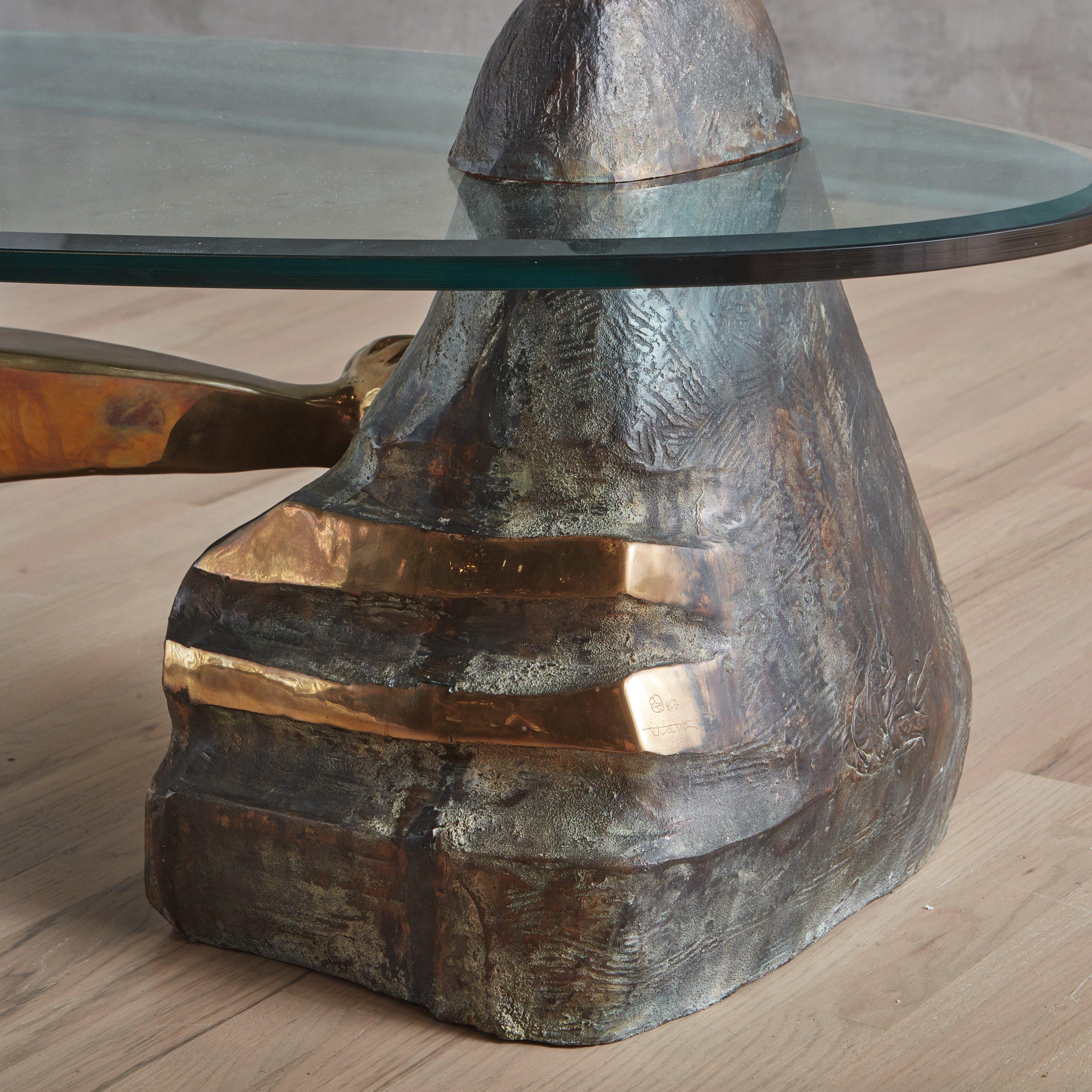 Late 20th Century Sculptural Bronze + Glass Coffee Table by Wayne Trapp, 1987 For Sale