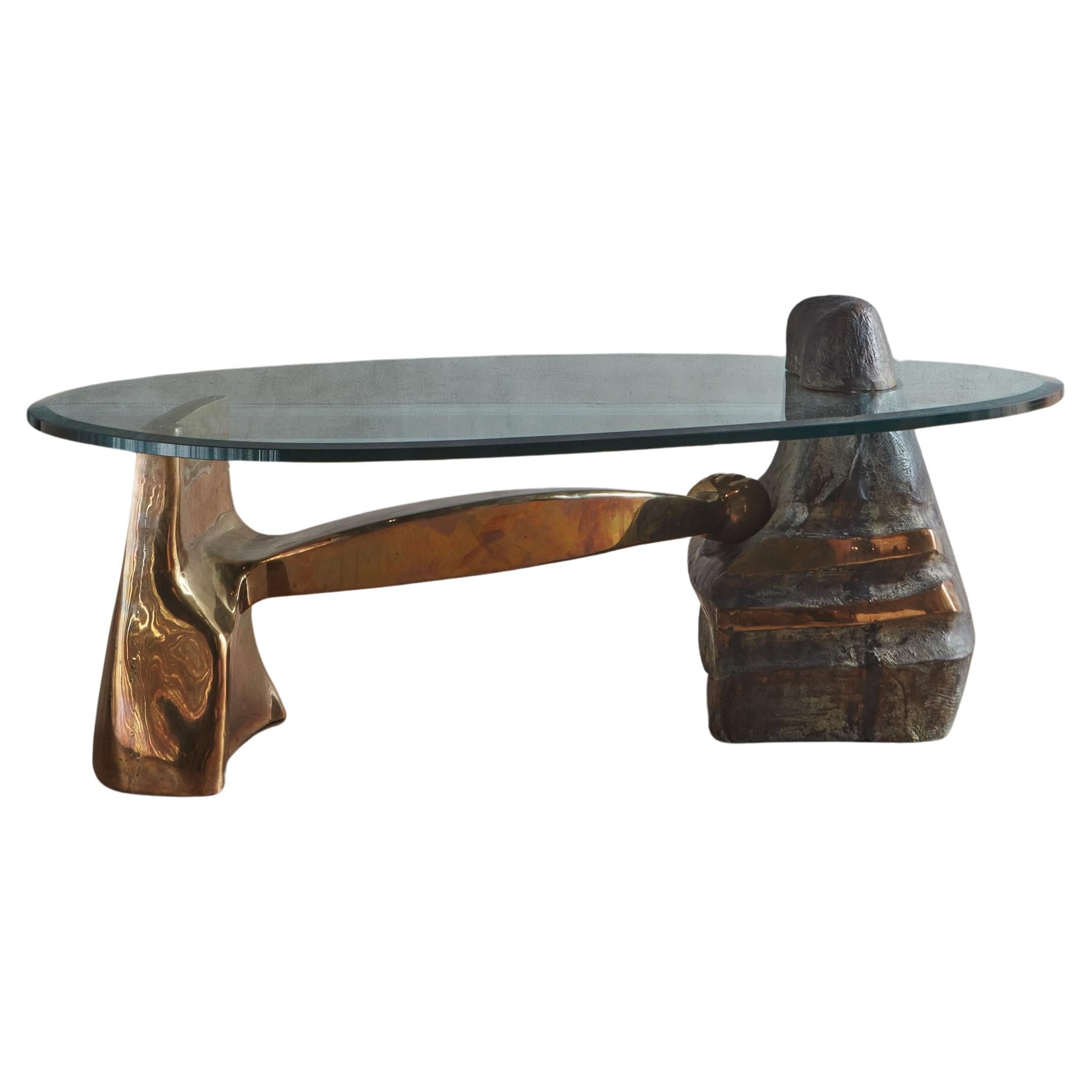 Sculptural Bronze + Glass Coffee Table by Wayne Trapp, 1987 For Sale