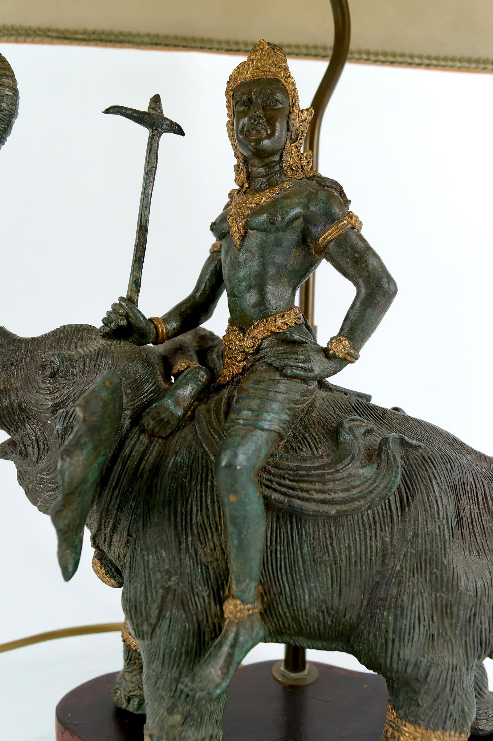 Sculptural Bronze Lamp with Dual Patina Representing Indra on Airavata, Thailand For Sale 6