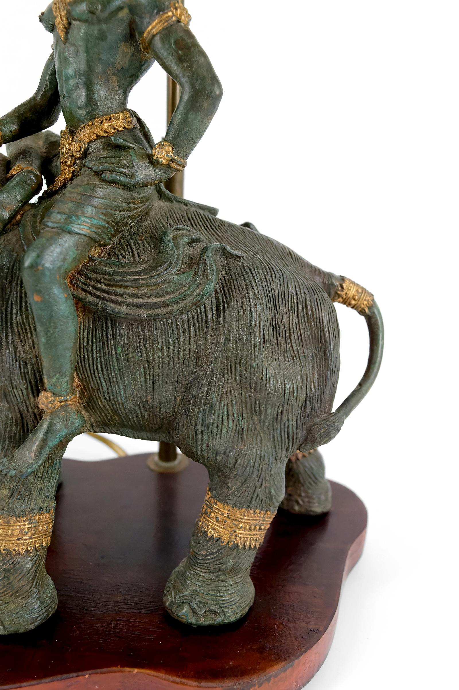 Sculptural Bronze Lamp with Dual Patina Representing Indra on Airavata, Thailand For Sale 7