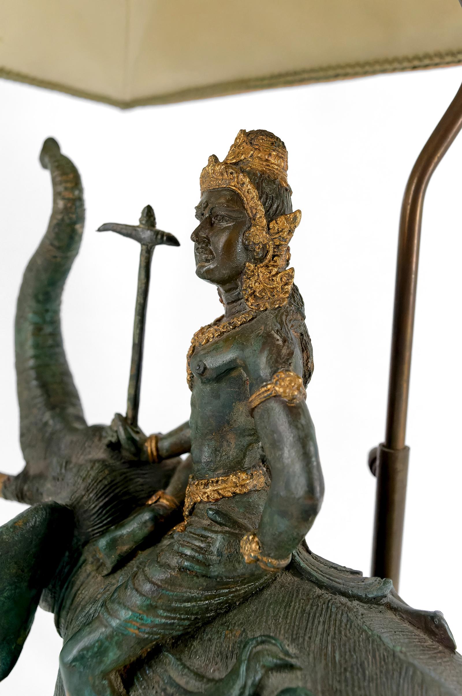 Sculptural Bronze Lamp with Dual Patina Representing Indra on Airavata, Thailand For Sale 9