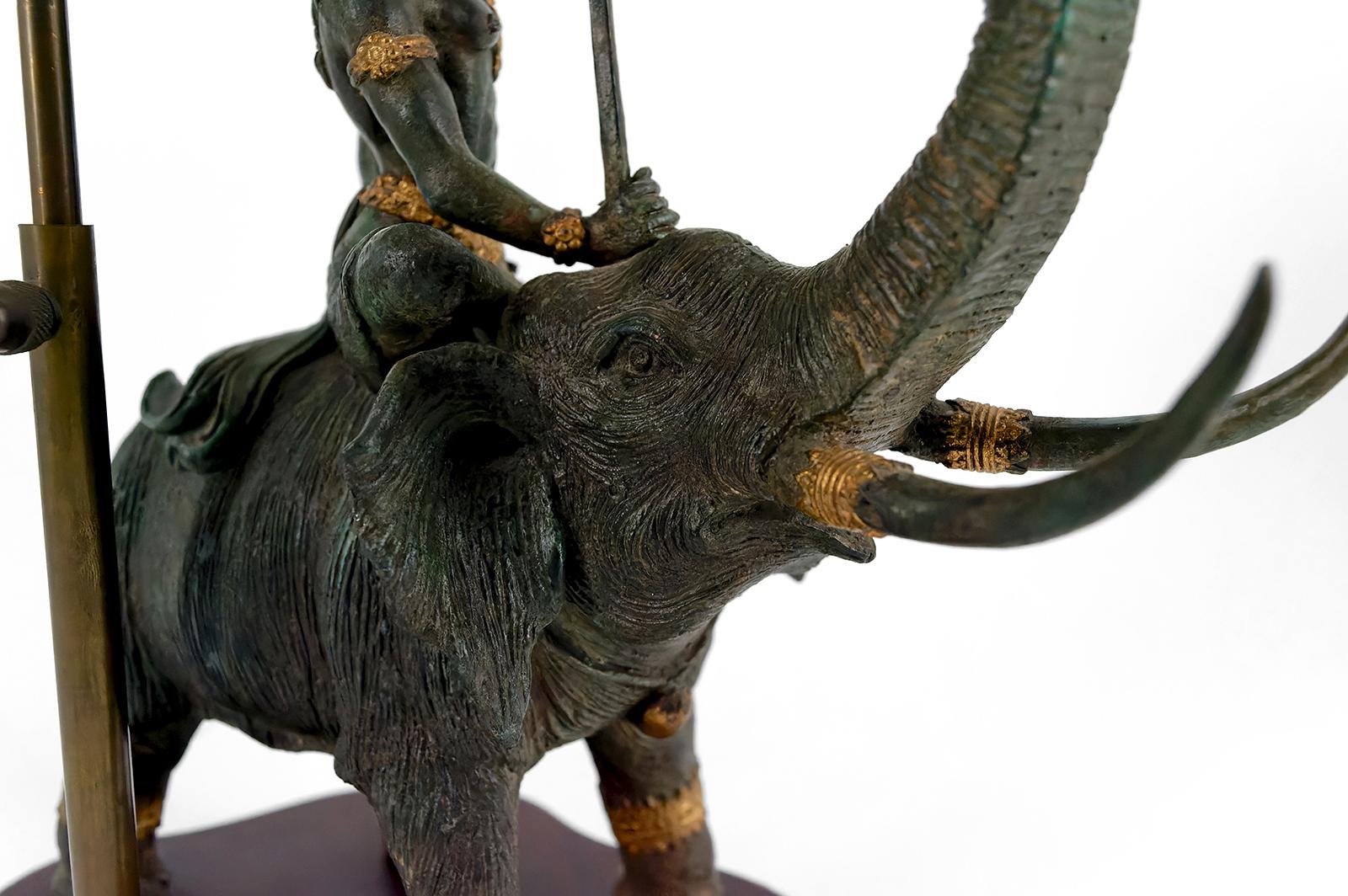 Sculptural Bronze Lamp with Dual Patina Representing Indra on Airavata, Thailand For Sale 11