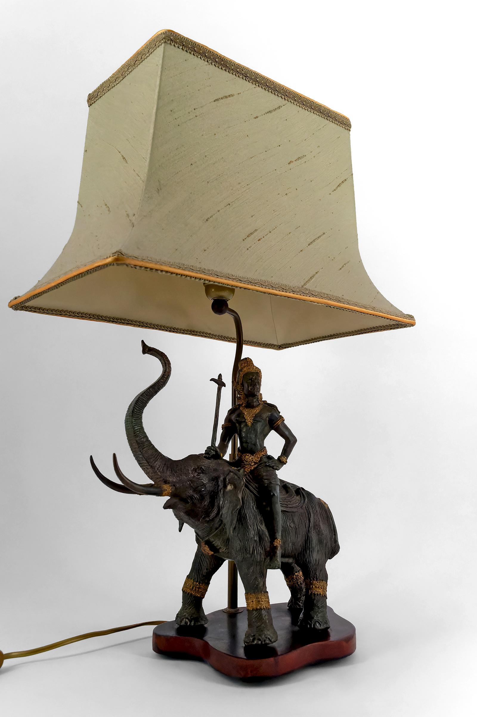 Aesthetic Movement Sculptural Bronze Lamp with Dual Patina Representing Indra on Airavata, Thailand For Sale