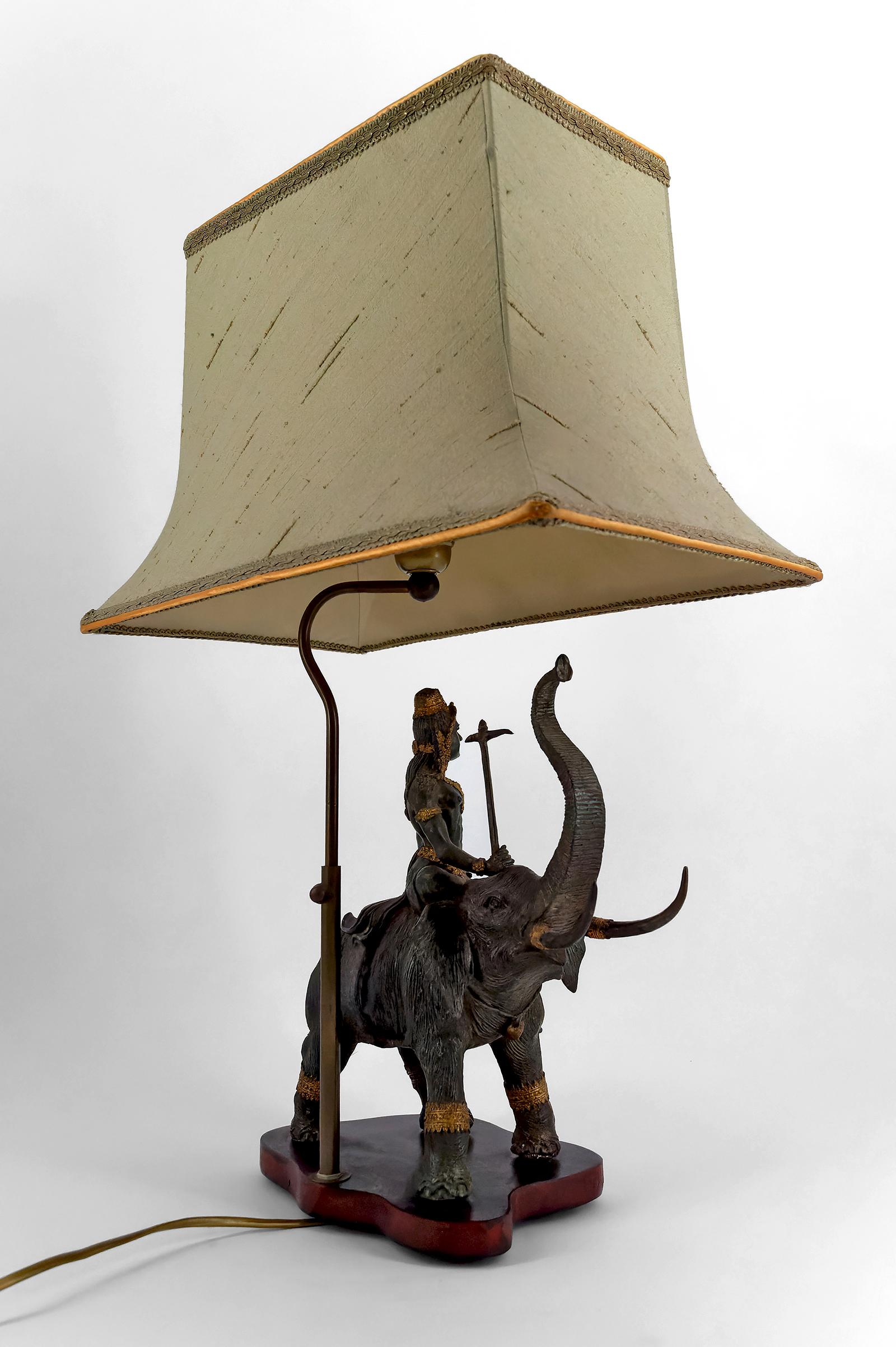 Metal Sculptural Bronze Lamp with Dual Patina Representing Indra on Airavata, Thailand For Sale