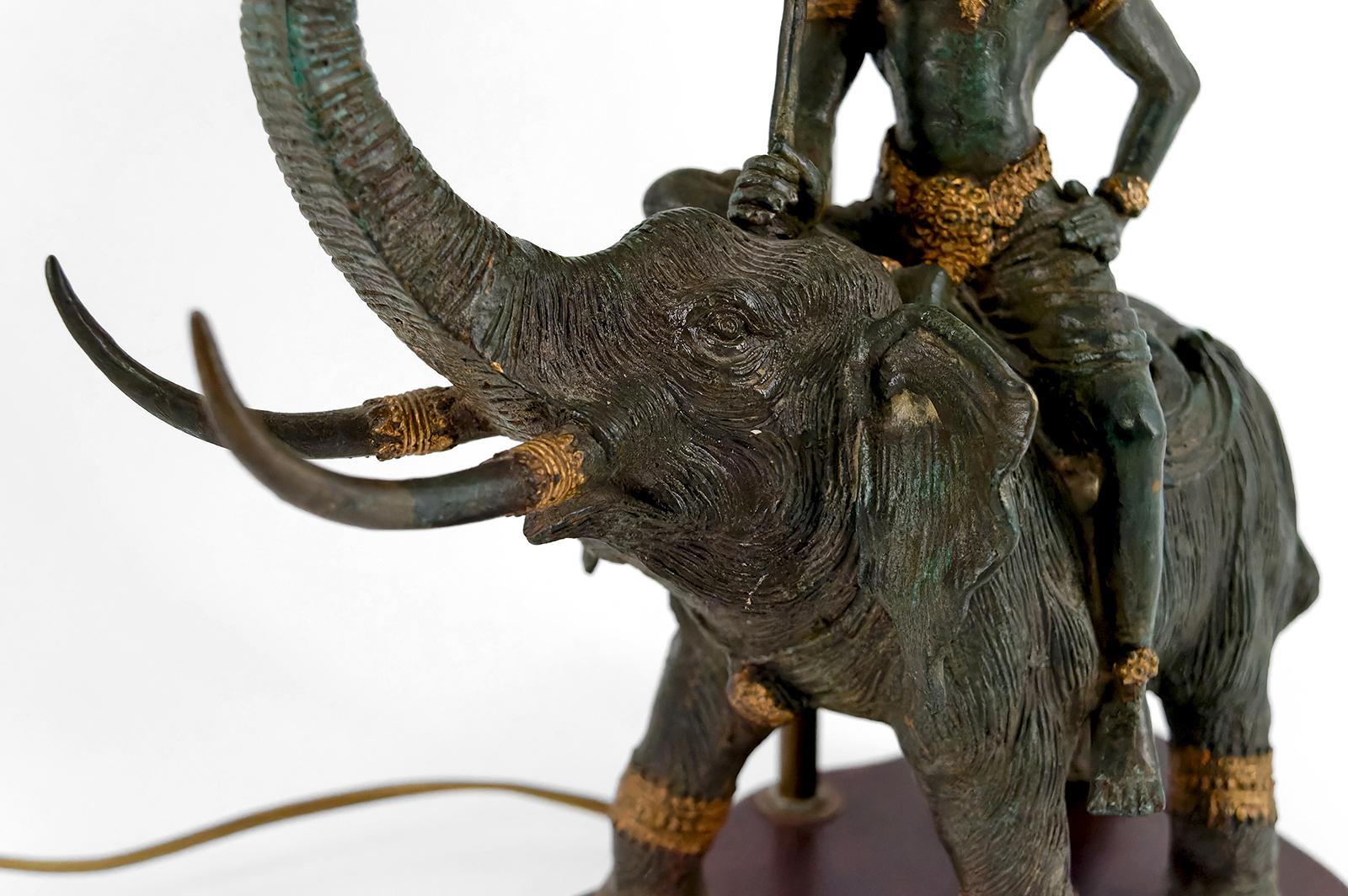 Sculptural Bronze Lamp with Dual Patina Representing Indra on Airavata, Thailand For Sale 2