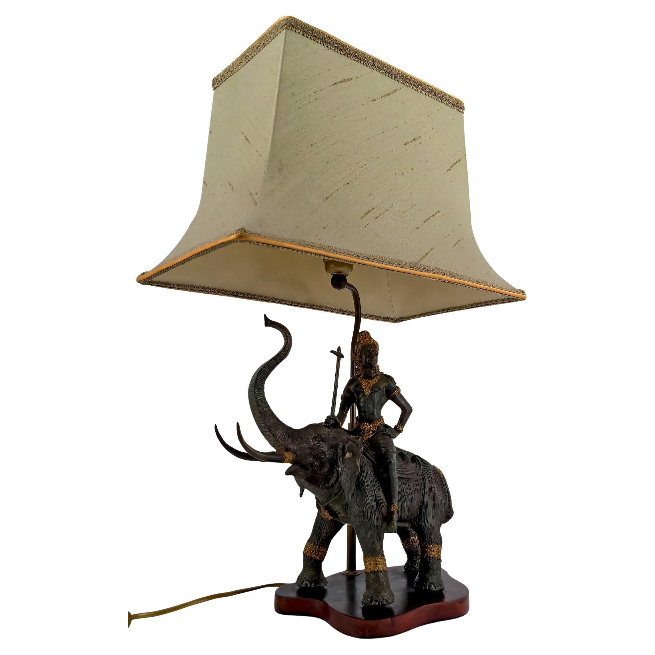 Sculptural Bronze Lamp with Dual Patina Representing Indra on Airavata, Thailand