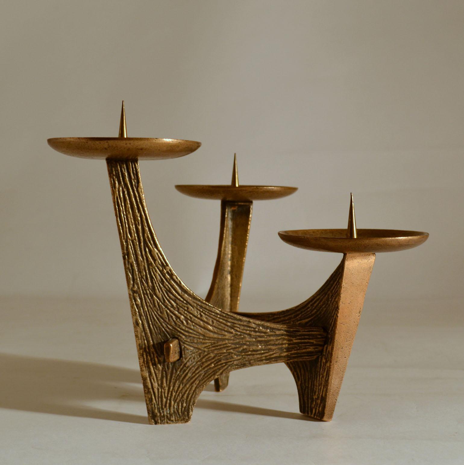 Cast  Sculptural Bronze Three-Arm Candelabra