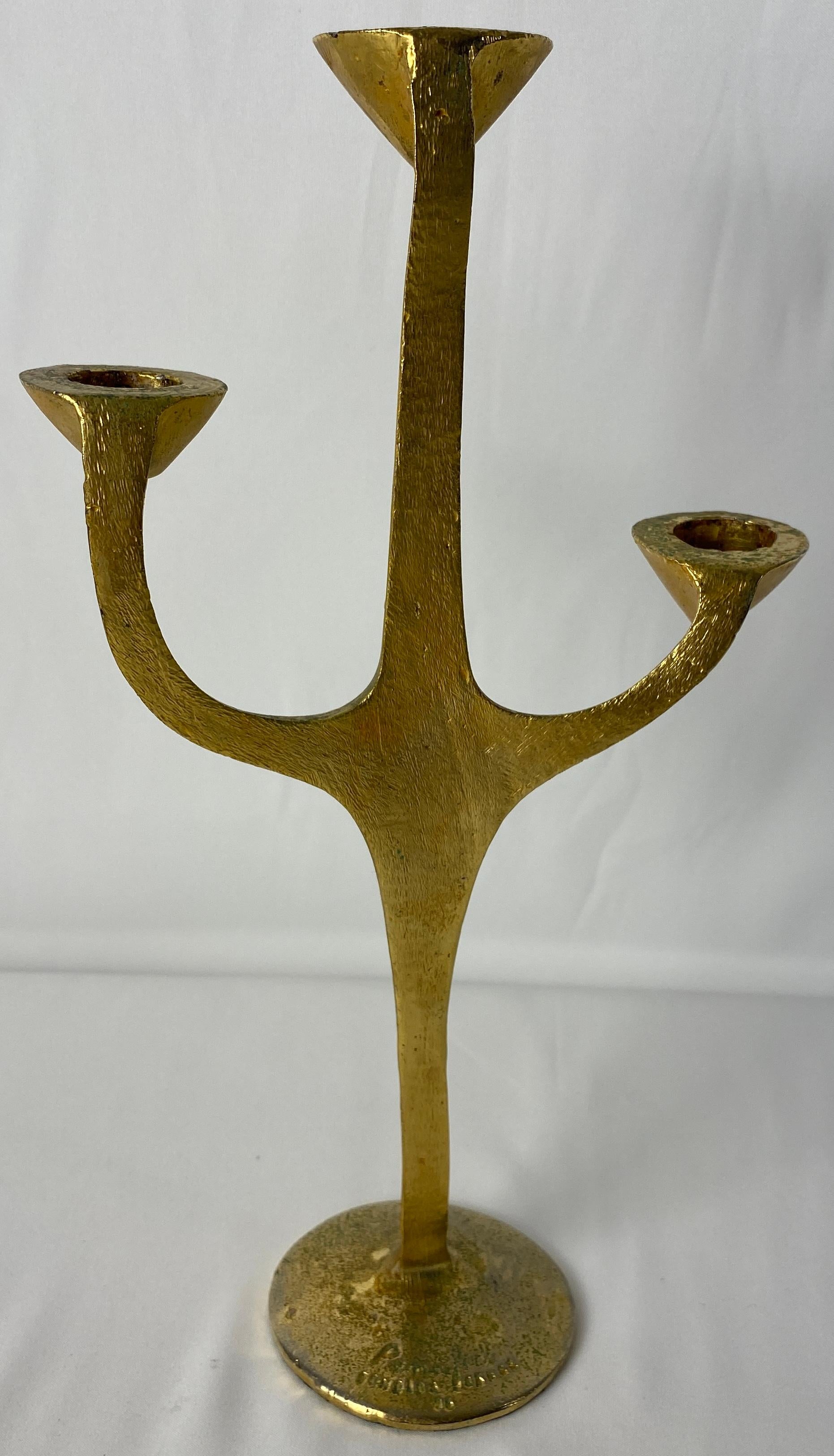 French Sculptural Bronze Three-Arm Candle Holder Signed Penafiel For Sale