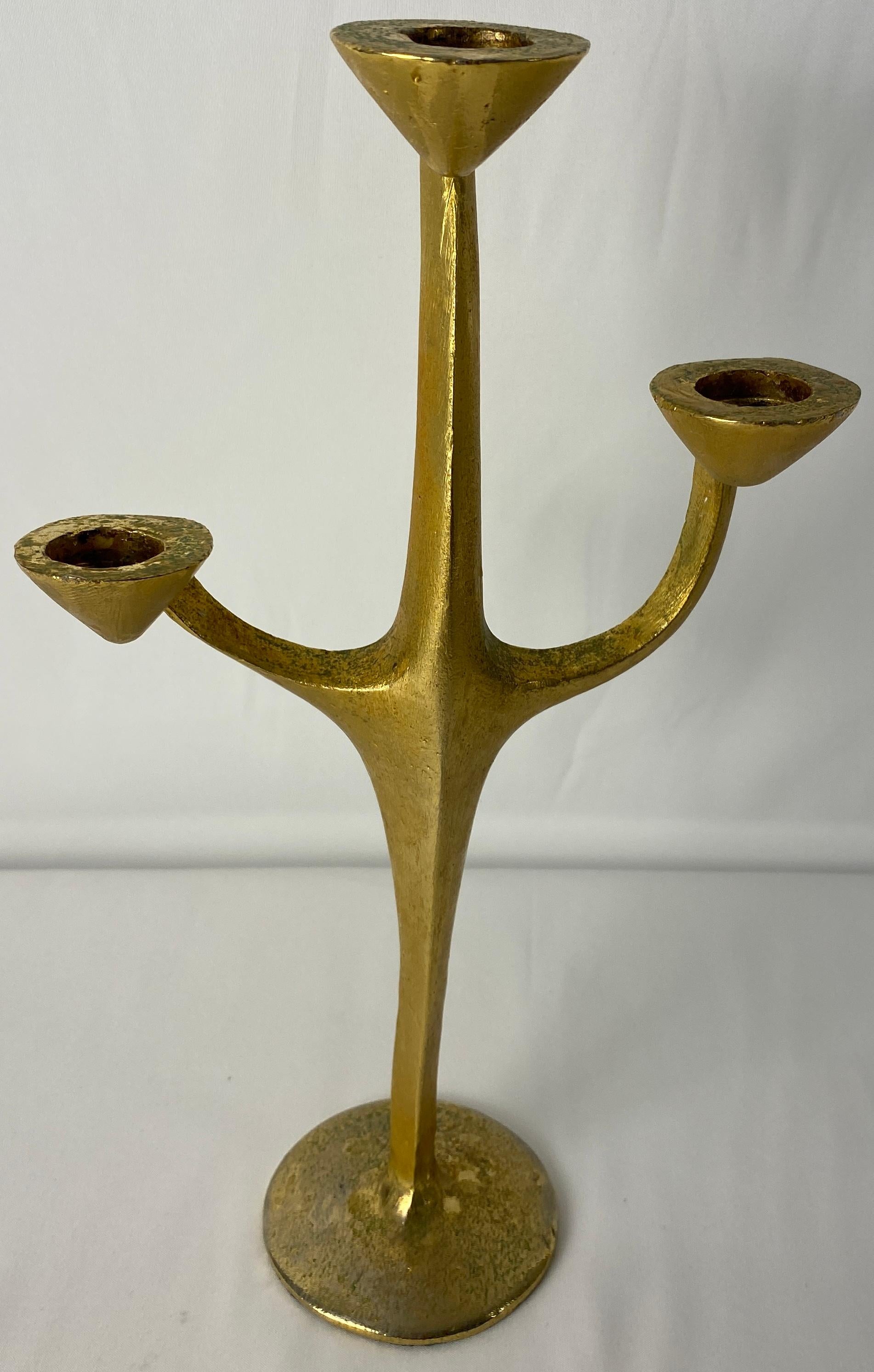 20th Century Sculptural Bronze Three-Arm Candle Holder Signed Penafiel For Sale