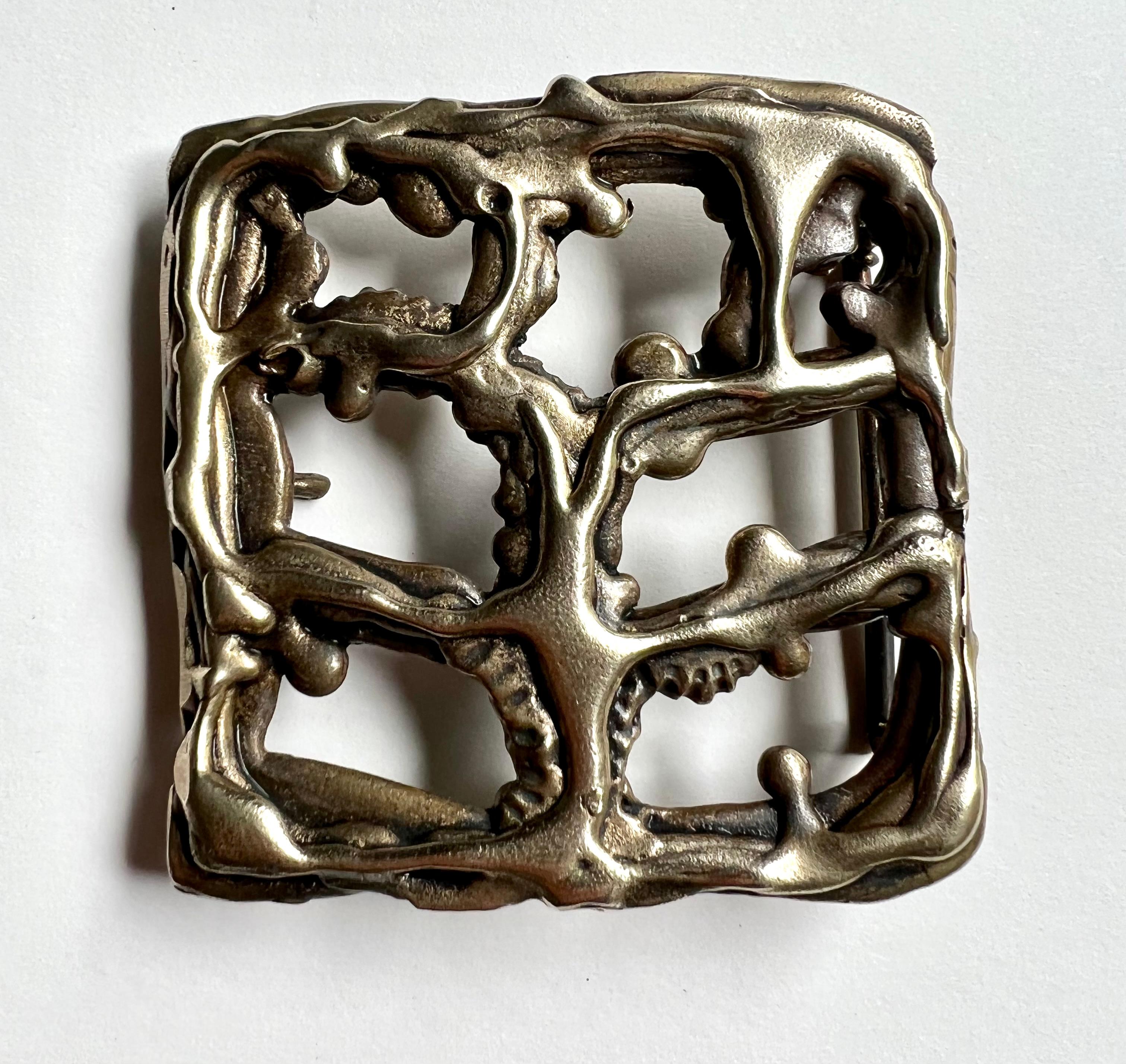 Patinated Sculptural Brutalist Brass Belt Buckle For Sale
