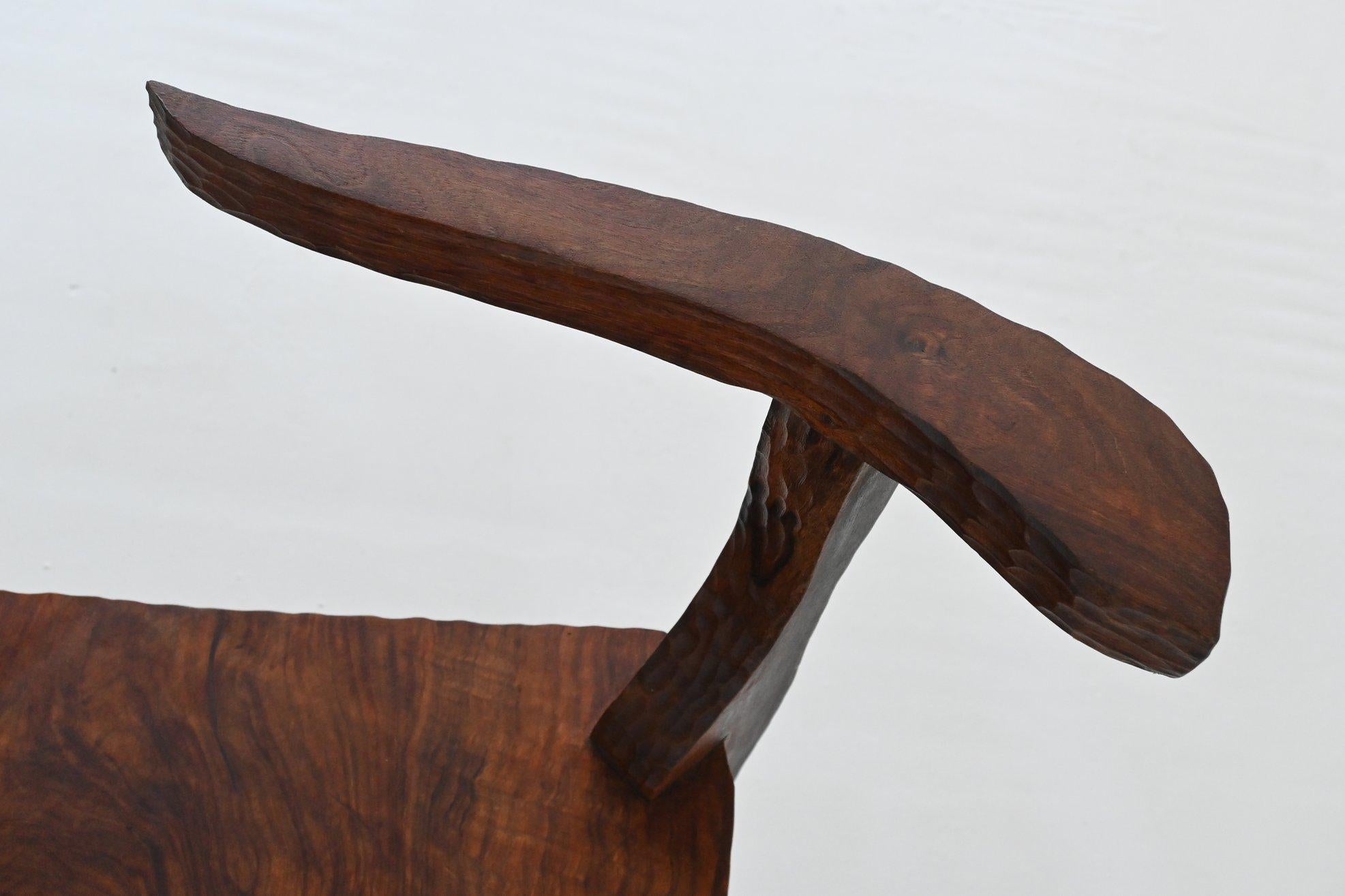 Sculptural brutalist armchair handcrafted solid hardwood France 1970 For Sale 3