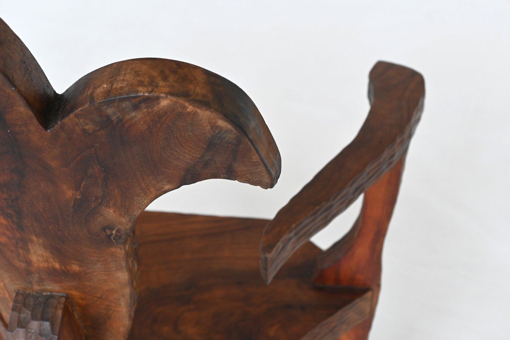 Sculptural brutalist armchair handcrafted solid hardwood France 1970 For Sale 5