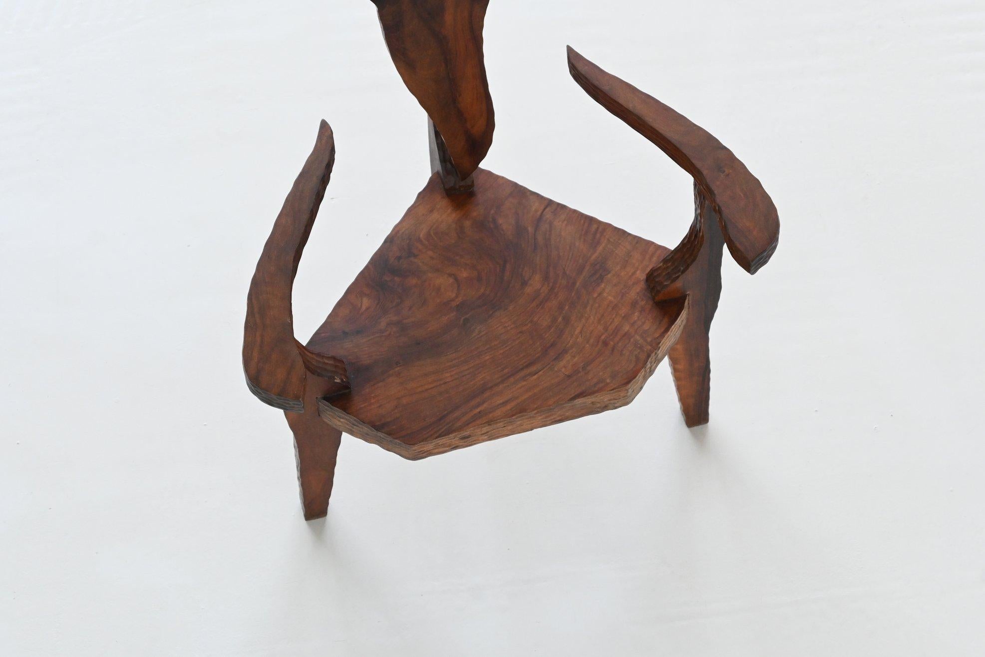 Sculptural brutalist armchair handcrafted solid hardwood France 1970 For Sale 10