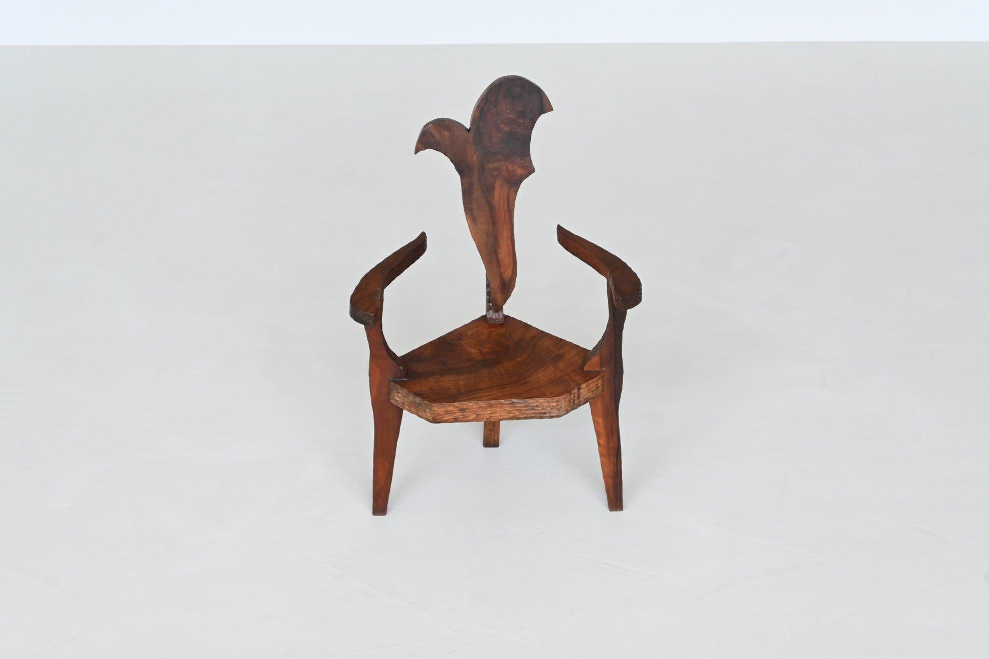 Sculptural brutalist armchair handcrafted solid hardwood France 1970 For Sale 11