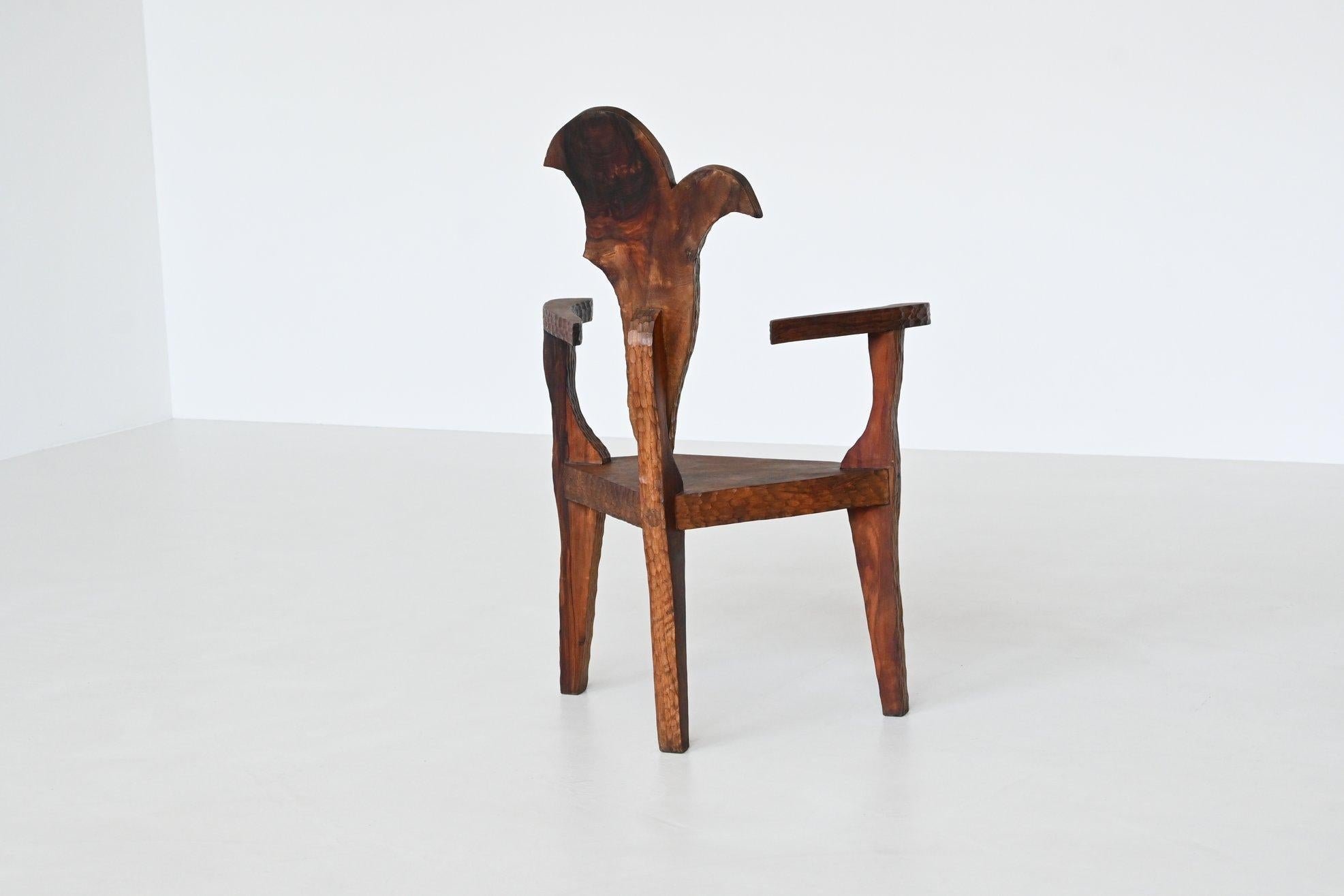 Sculptural brutalist armchair handcrafted solid hardwood France 1970 For Sale 12