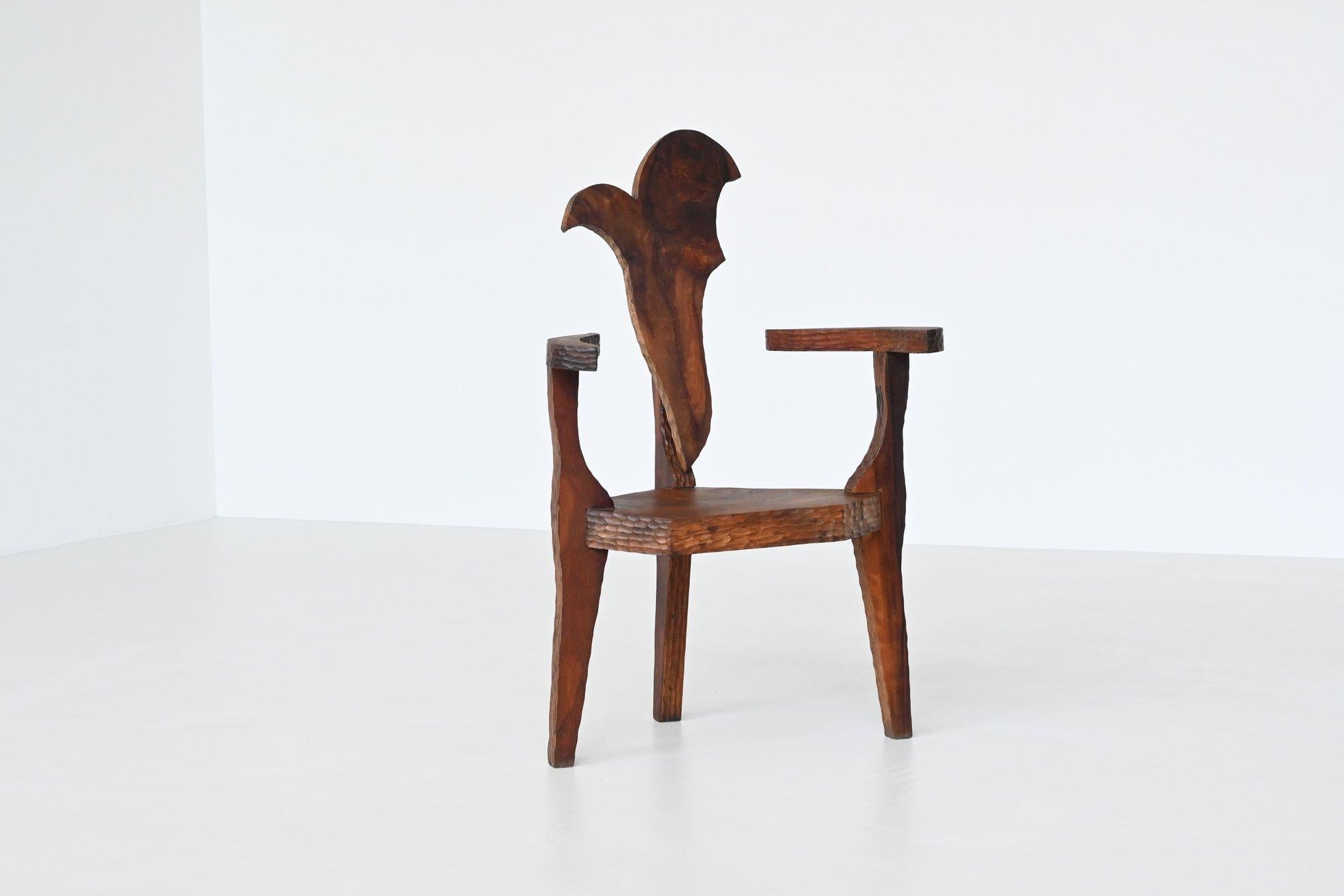 Brutalist Sculptural brutalist armchair handcrafted solid hardwood France 1970 For Sale