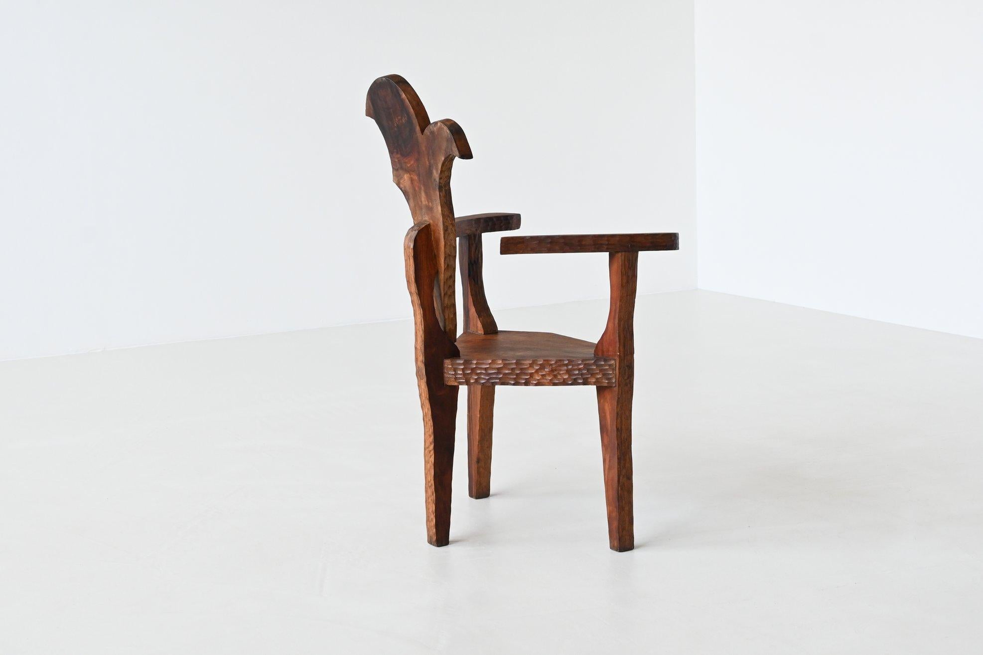 Sculptural brutalist armchair handcrafted solid hardwood France 1970 In Good Condition For Sale In Etten-Leur, NL