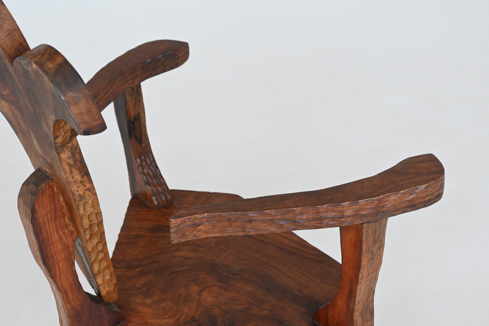 Hardwood Sculptural brutalist armchair handcrafted solid hardwood France 1970 For Sale