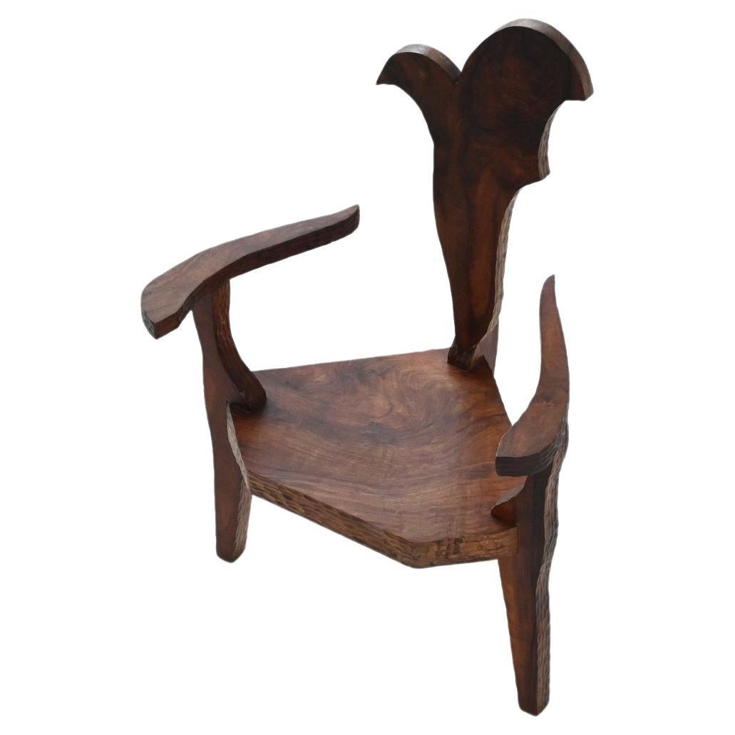 Sculptural brutalist armchair handcrafted solid hardwood France 1970 For Sale