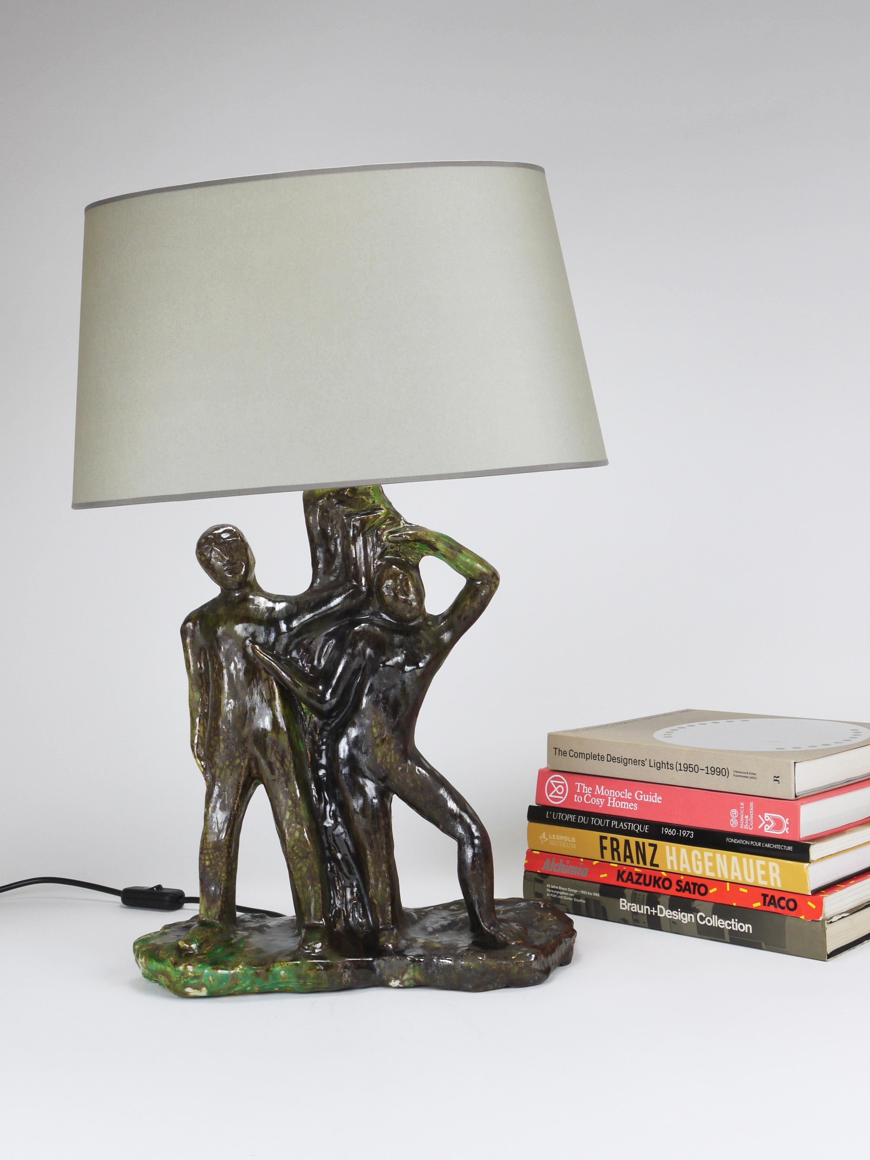 Ceramic Sculptural Brutalist Art Table Lamp “Man and Woman by a Tree”, Italy, 1970s For Sale