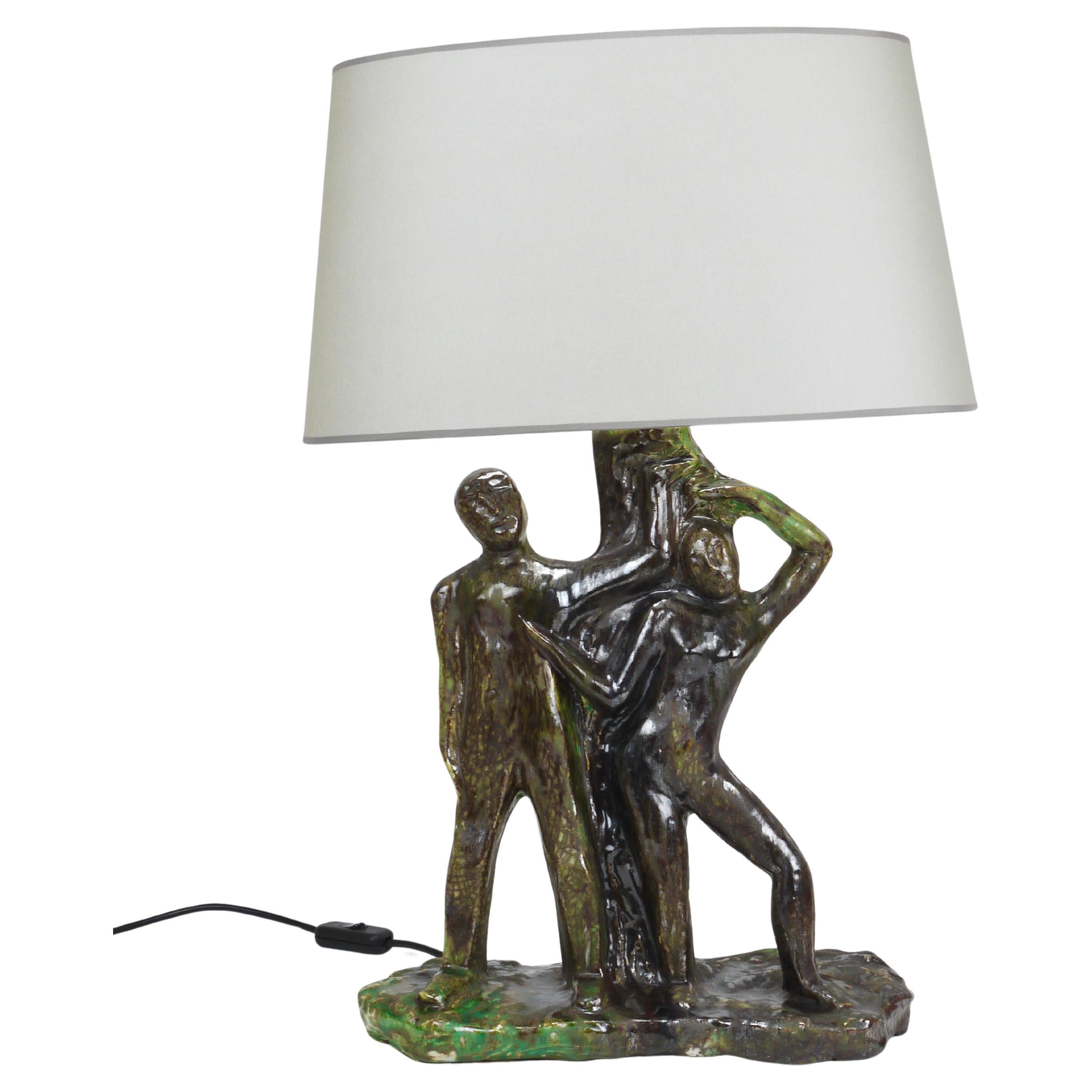 Sculptural Brutalist Art Table Lamp “Man and Woman by a Tree”, Italy, 1970s For Sale