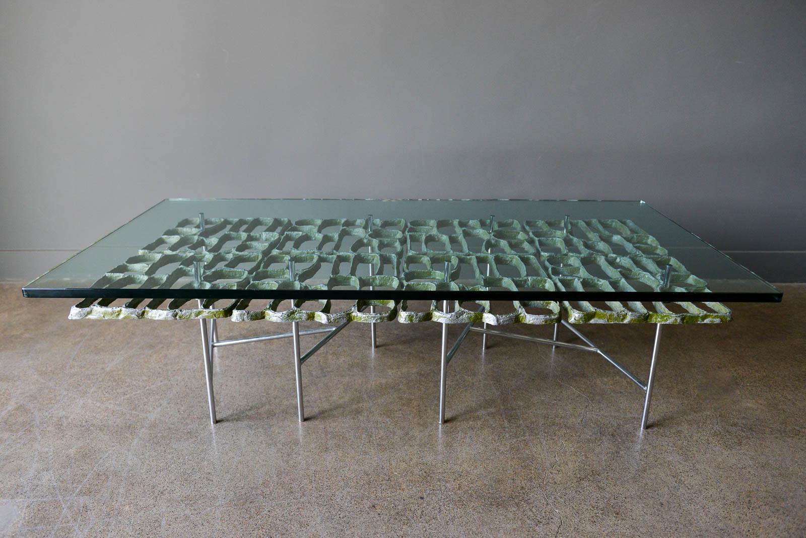 Sculptural Brutalist coffee table by Artist Donald Drumm, circa 1970. Brutalist design with new floating top 3/4