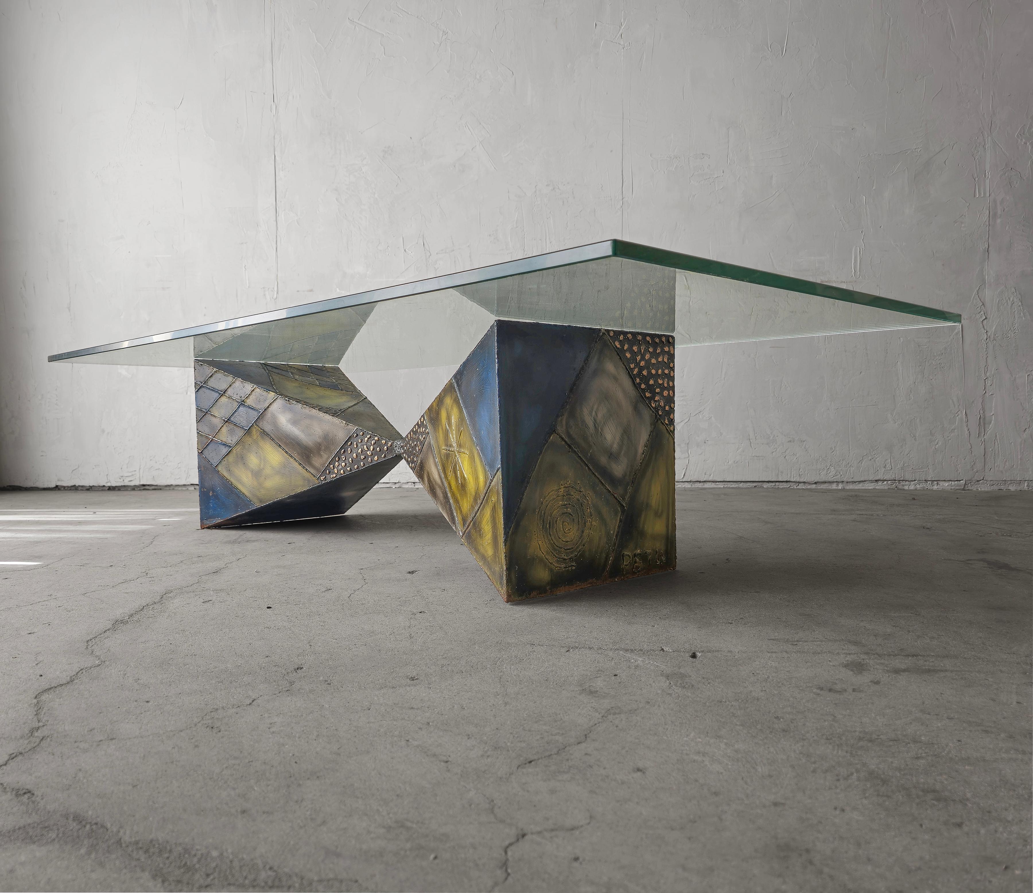 From a one owner estate, comes the opportunity to own an authentic PE-13, coffee table base by Paul Evans for Directional. Table is signed PE 74.   A great brutalist piece comprised of geometric pieces of welded steel polychome, some panels in