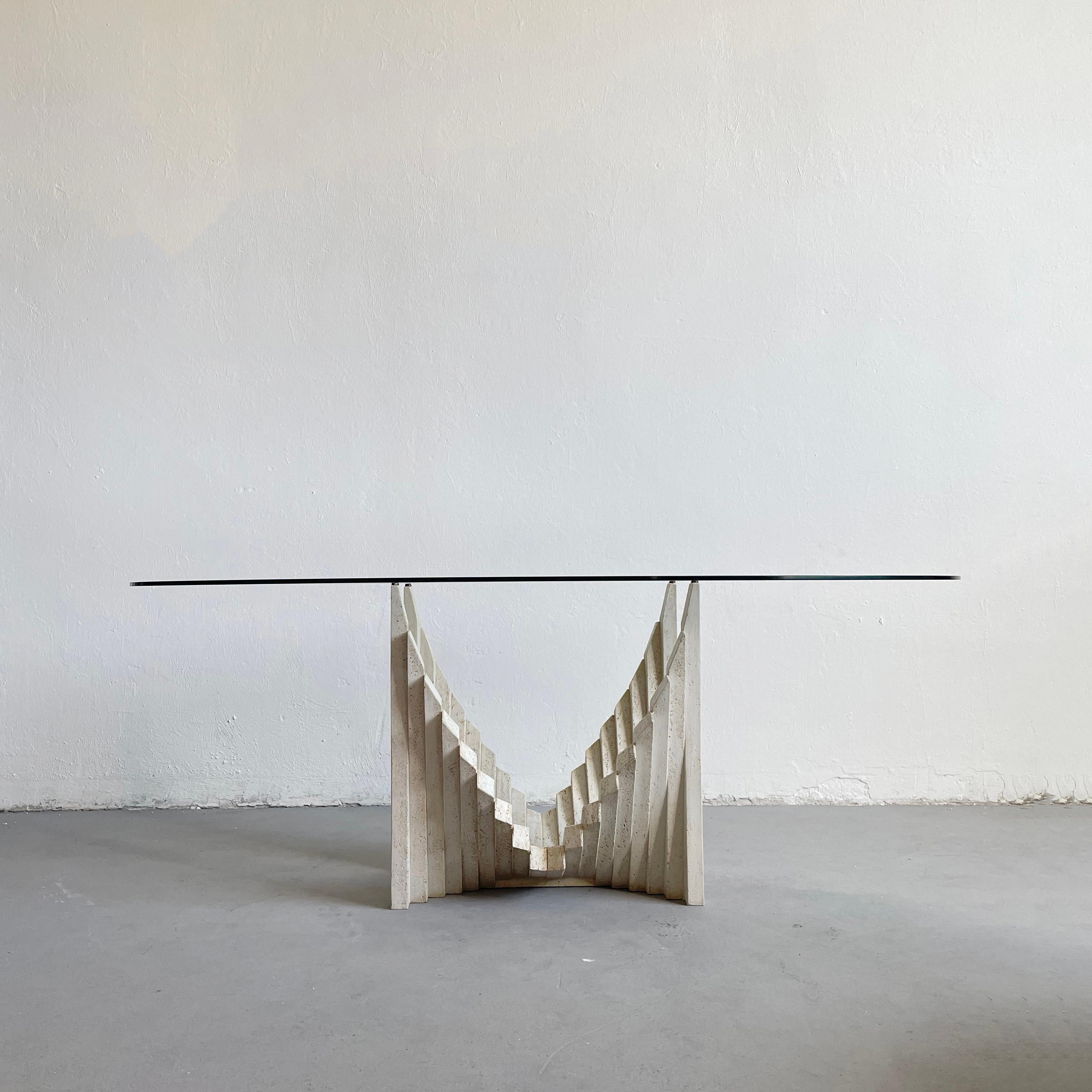 Late 20th Century Sculptural Italian Brutalist Dining Table from the 1970s, Travertine and Glass