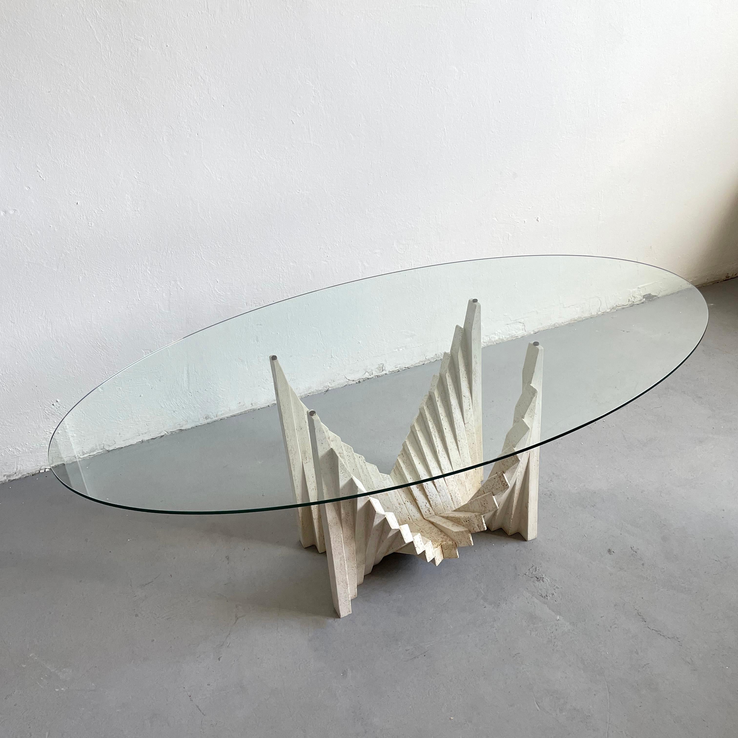 Sculptural Italian Brutalist Dining Table from the 1970s, Travertine and Glass 1