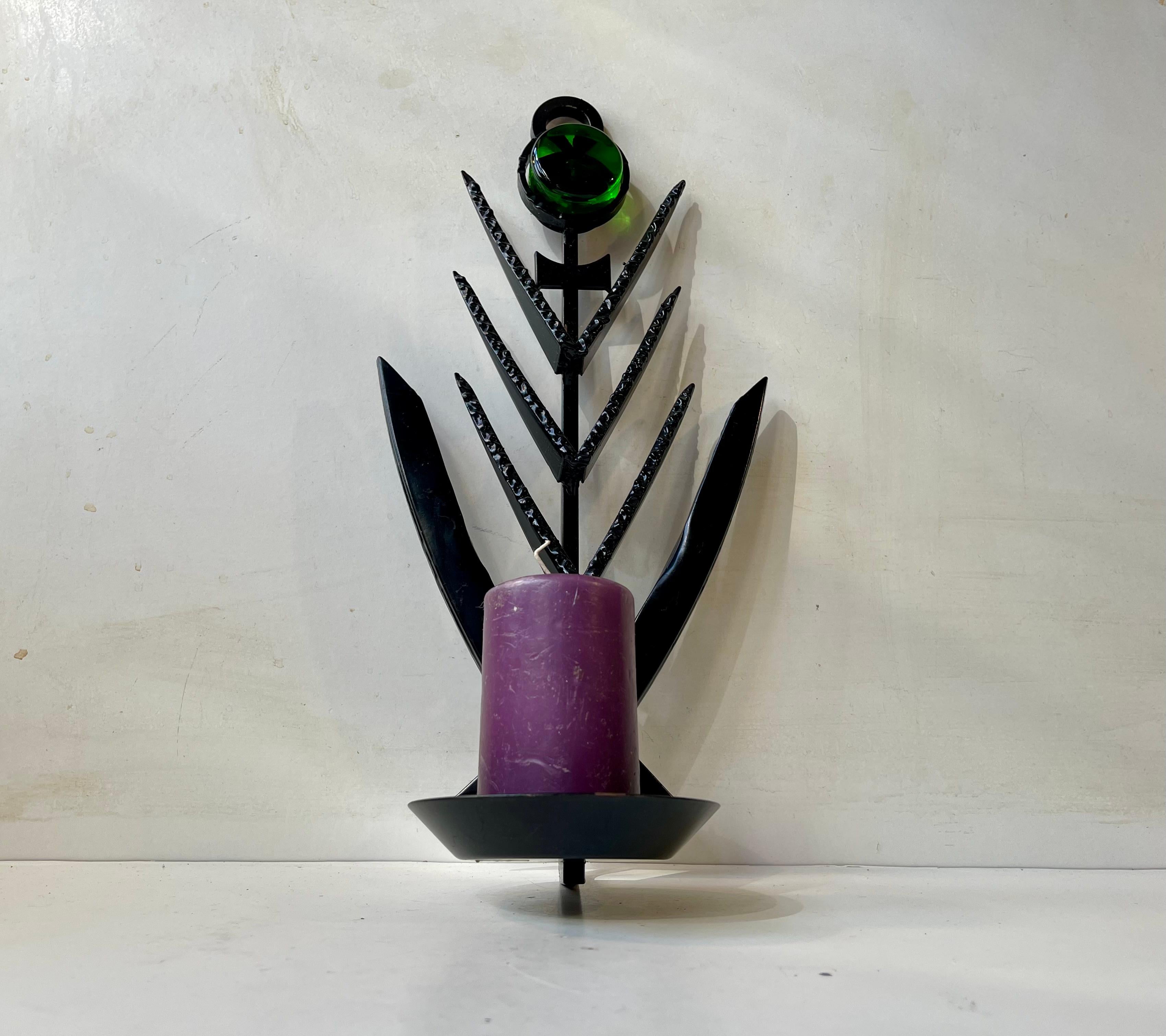 Danish Sculptural Brutalist Iron & Green Glass Wall Candle Lamp by Dantoft, 1970s For Sale