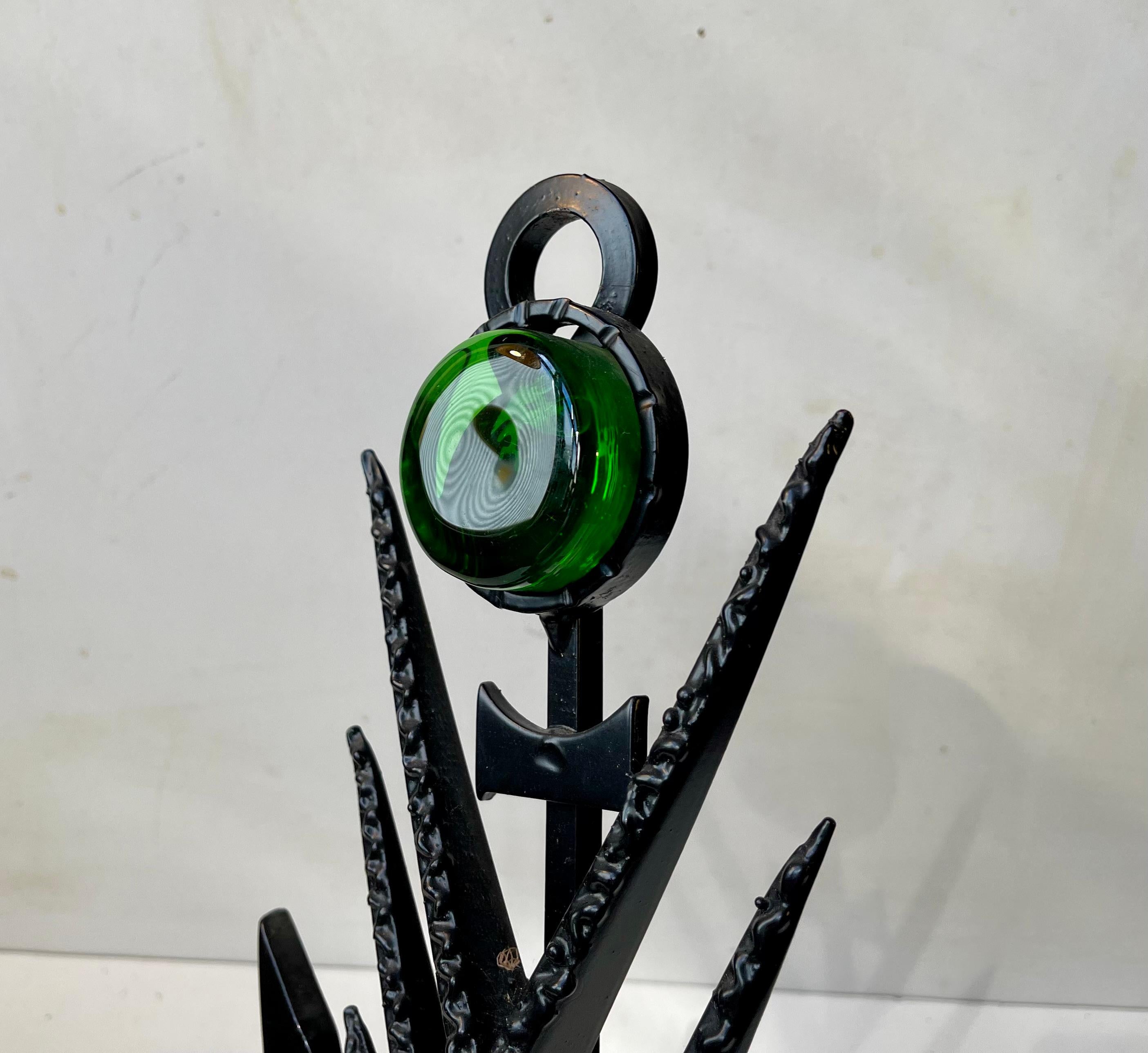Mid-20th Century Sculptural Brutalist Iron & Green Glass Wall Candle Lamp by Dantoft, 1970s For Sale