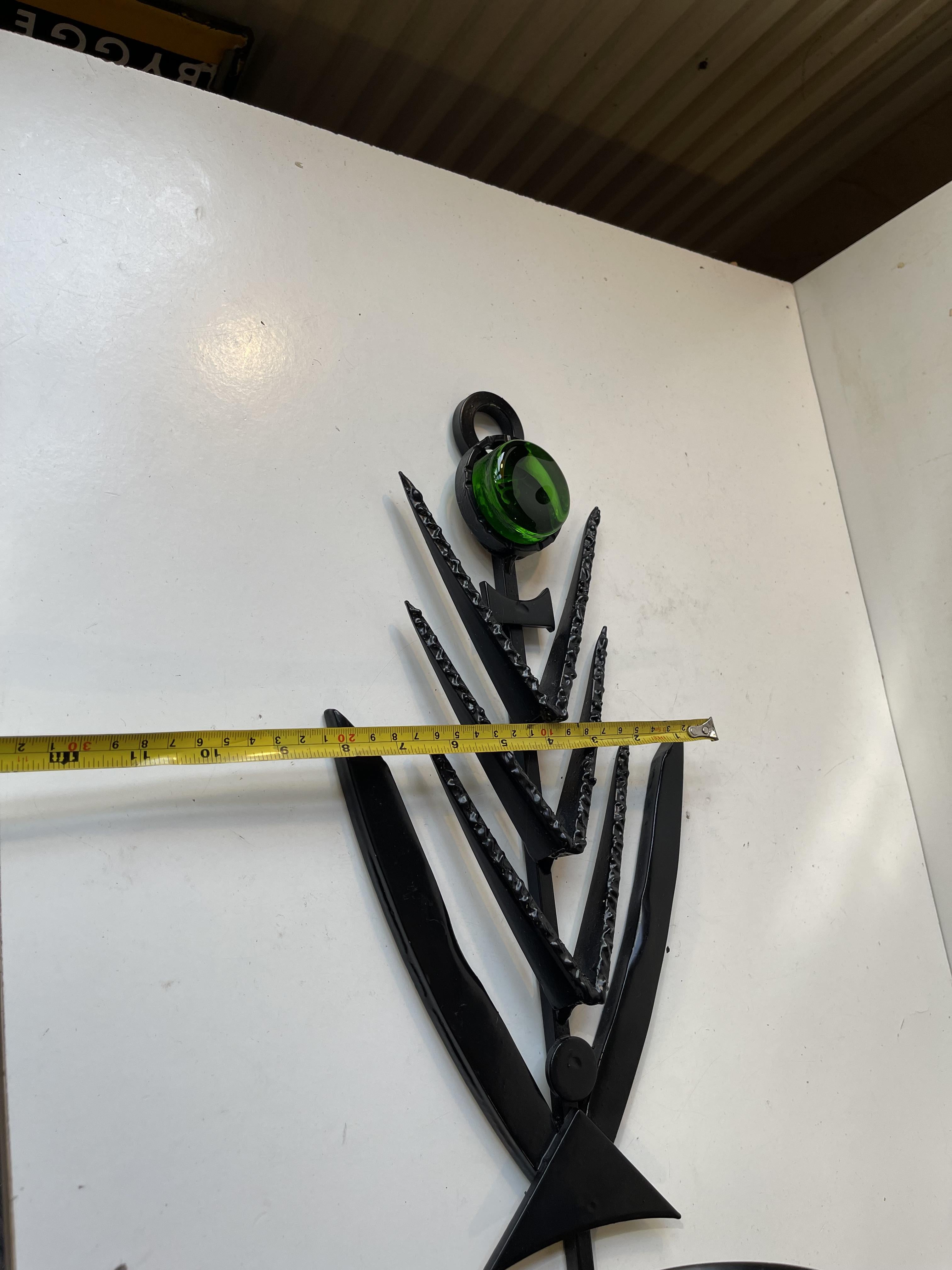 Sculptural Brutalist Iron & Green Glass Wall Candle Lamp by Dantoft, 1970s For Sale 2