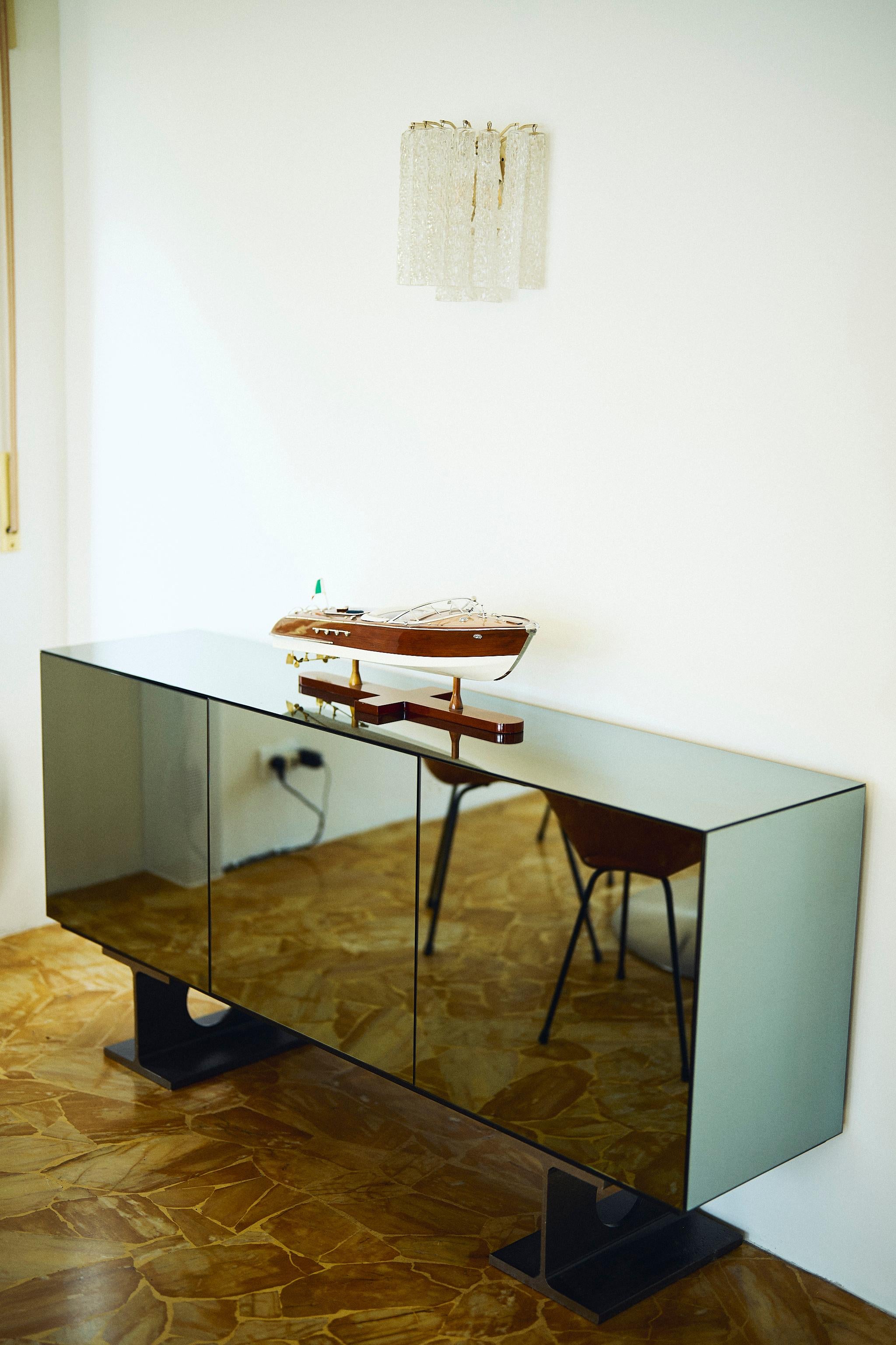 Steel Sculptural Brutalist Mirror Cabinet, Spinzi Milan, Industrial Collectible Design For Sale