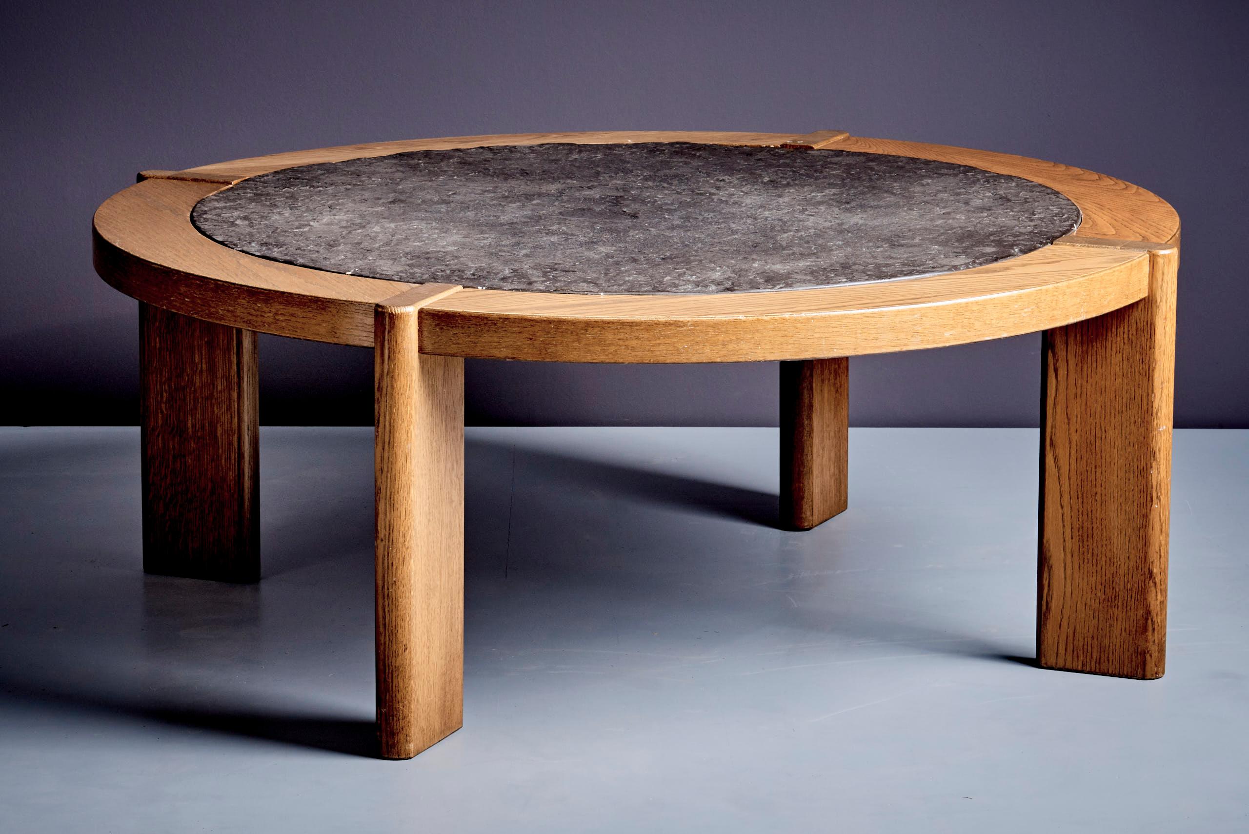 Late 20th Century Sculptural Brutalist Oak & Fossil Stone Coffee Table For Sale