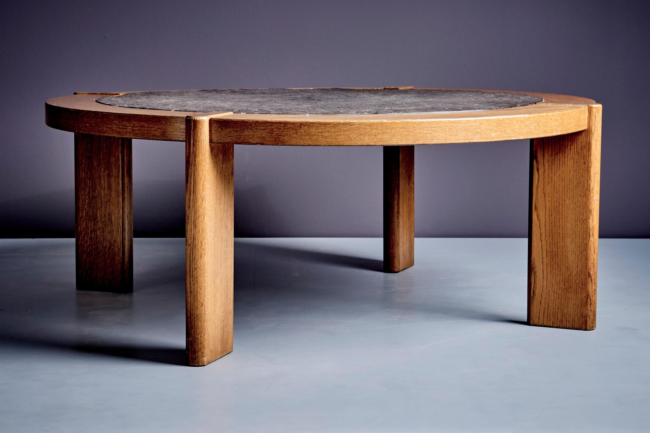 Slate Sculptural Brutalist Oak & Fossil Stone Coffee Table For Sale
