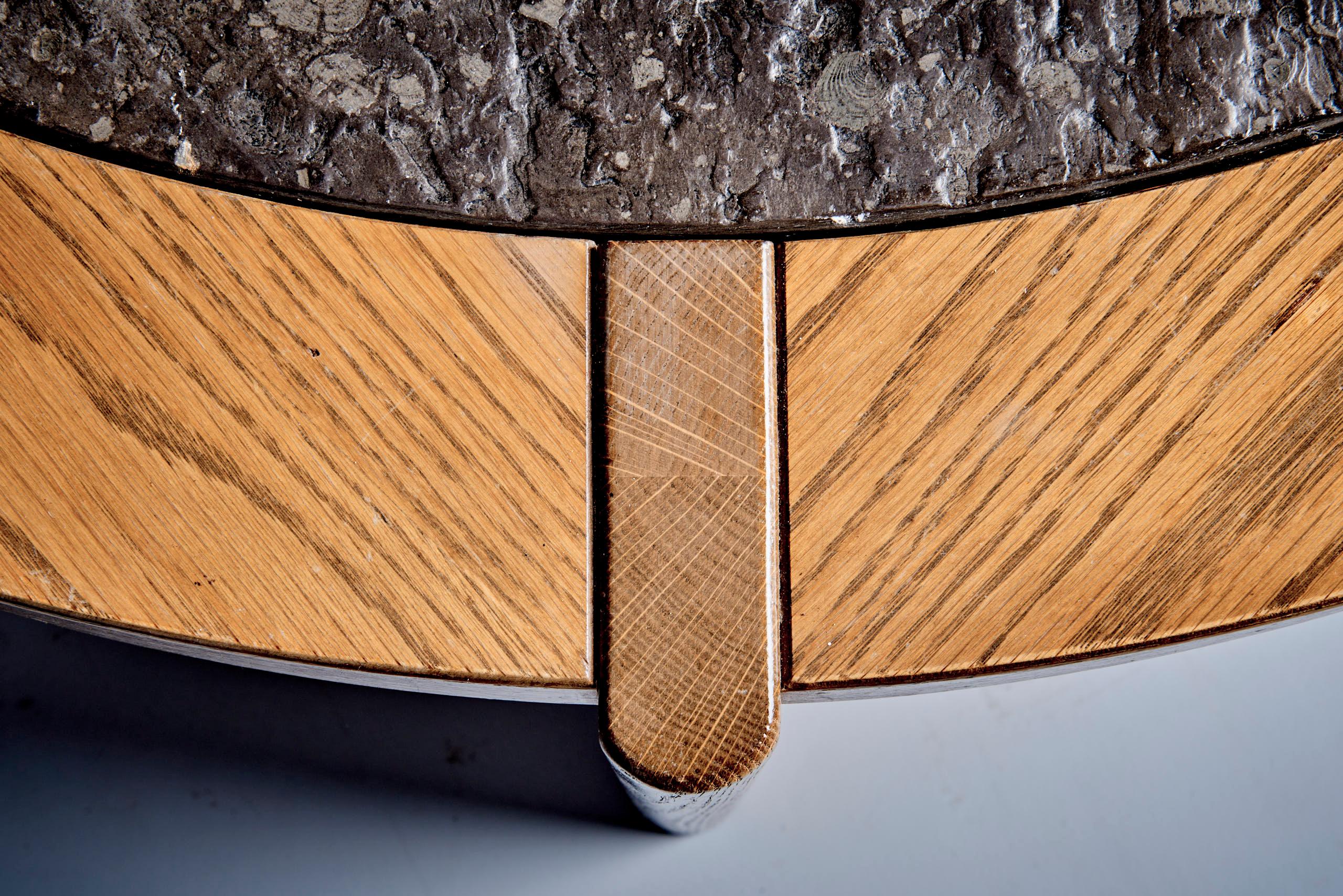 Sculptural Brutalist Oak & Fossil Stone Coffee Table For Sale 1