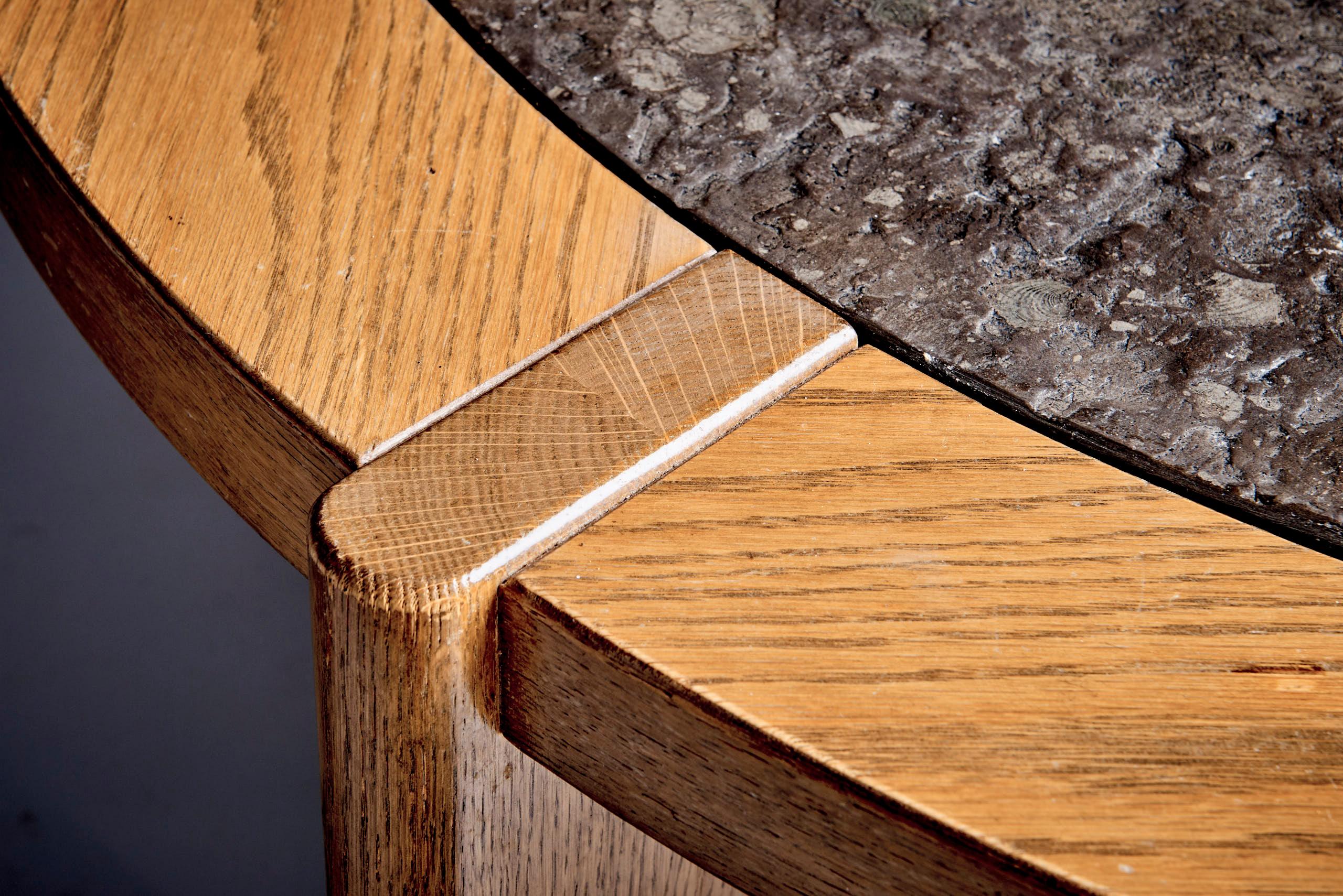 Sculptural Brutalist Oak & Fossil Stone Coffee Table For Sale 3