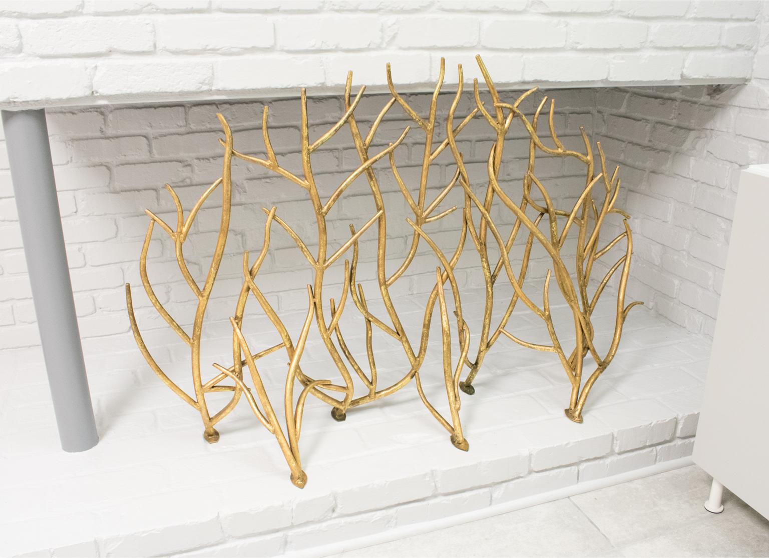 American Brutalist Organic Gilt Metal Fireplace Screen