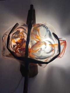 Sculptural brutalist sconce, wrought iron / copper and Murano blown glass, 1960s