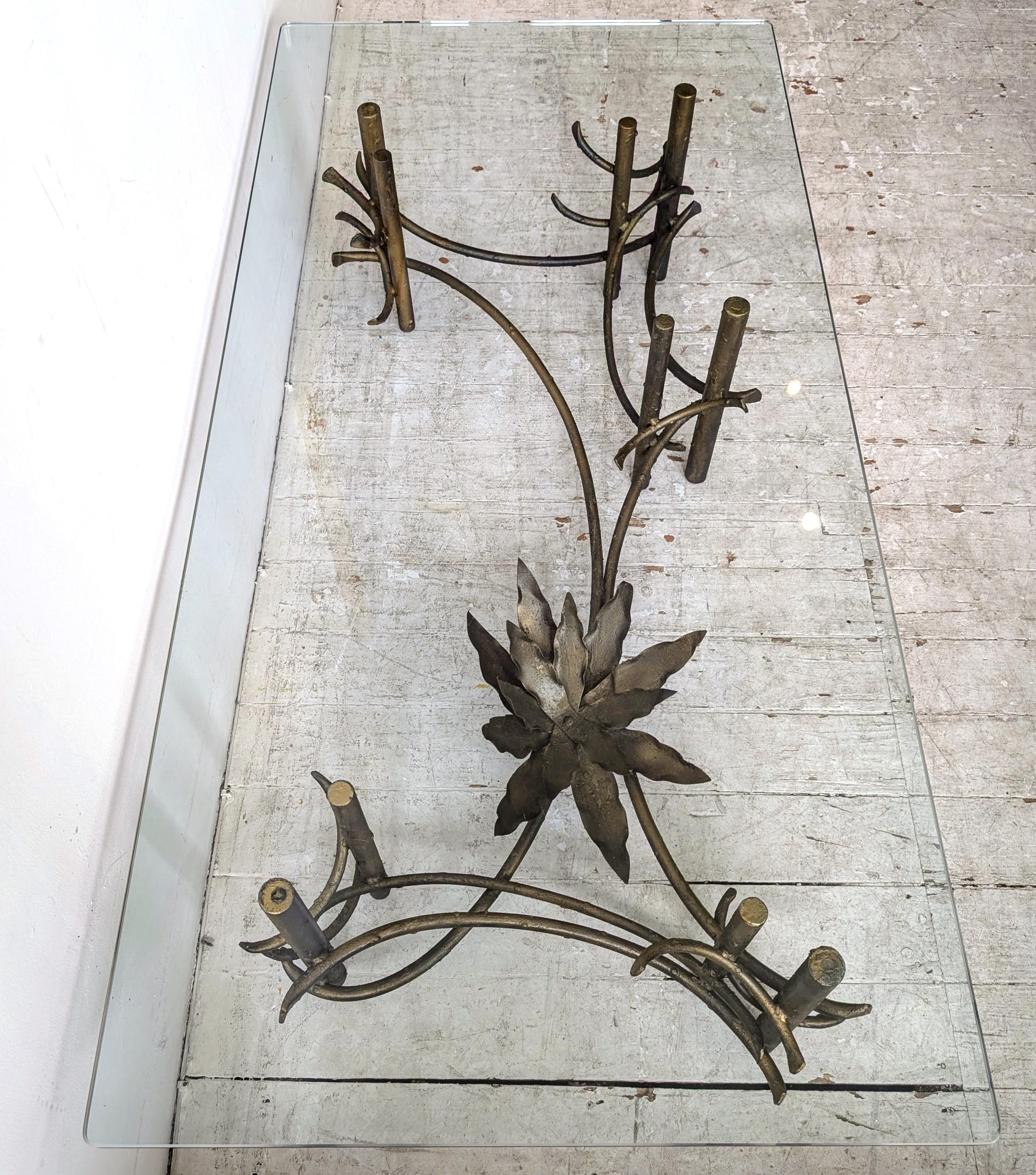 20th Century Sculptural Brutalist Silas Seandel attr gilt metal lotus flower coffee table