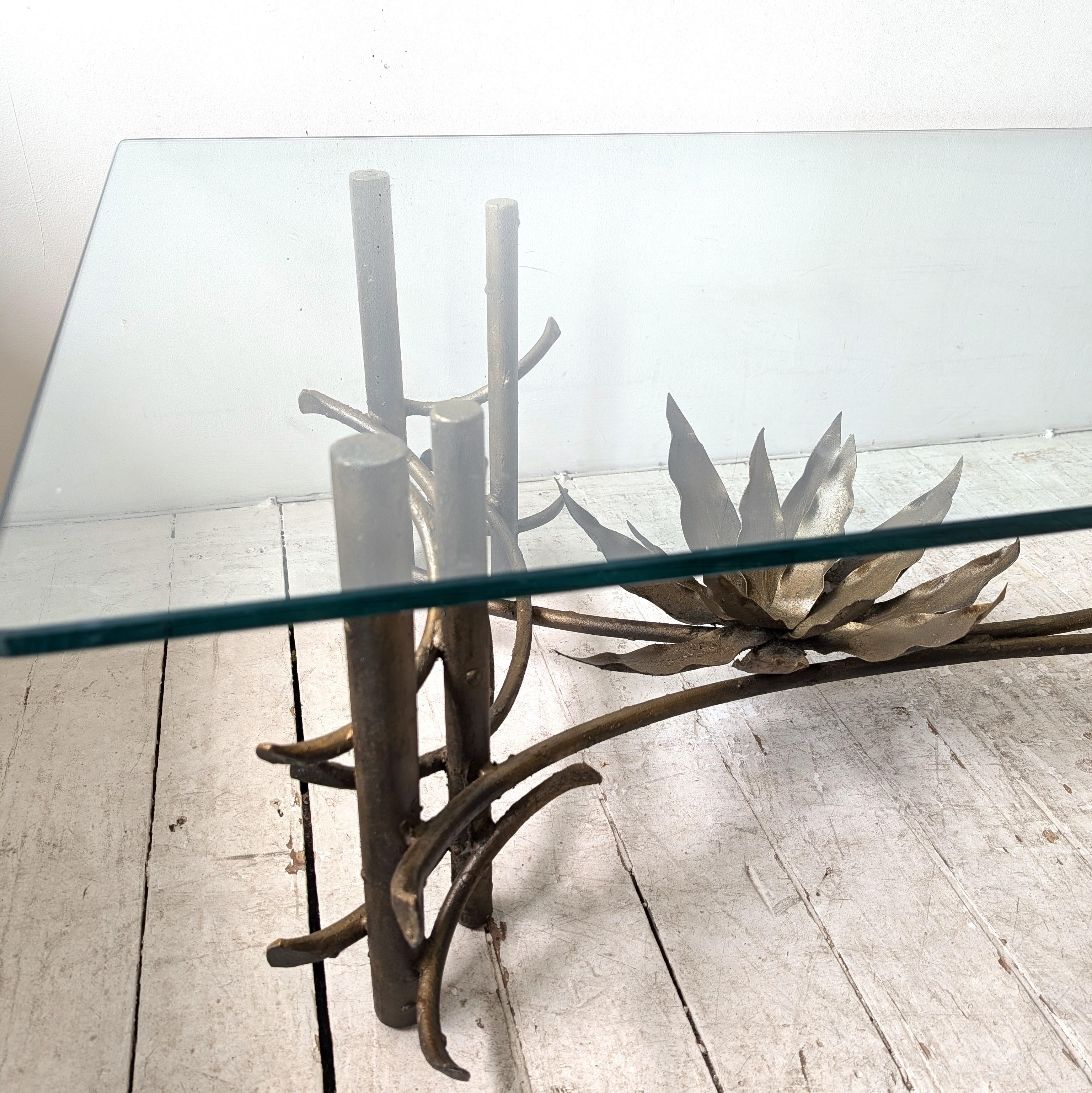 Glass Sculptural Brutalist Silas Seandel attr gilt metal lotus flower coffee table