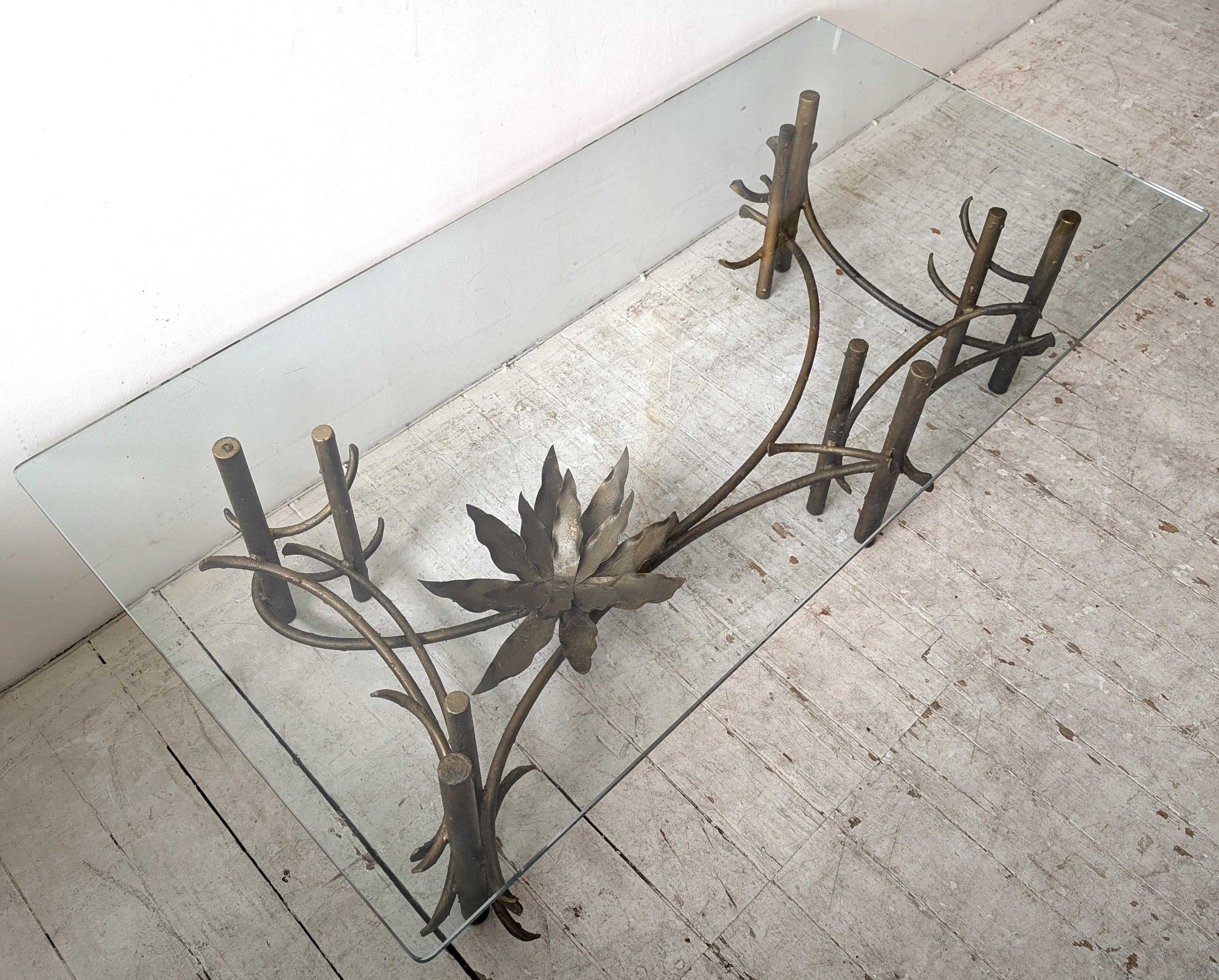 Sculptural Brutalist Silas Seandel attr gilt metal lotus flower coffee table 1